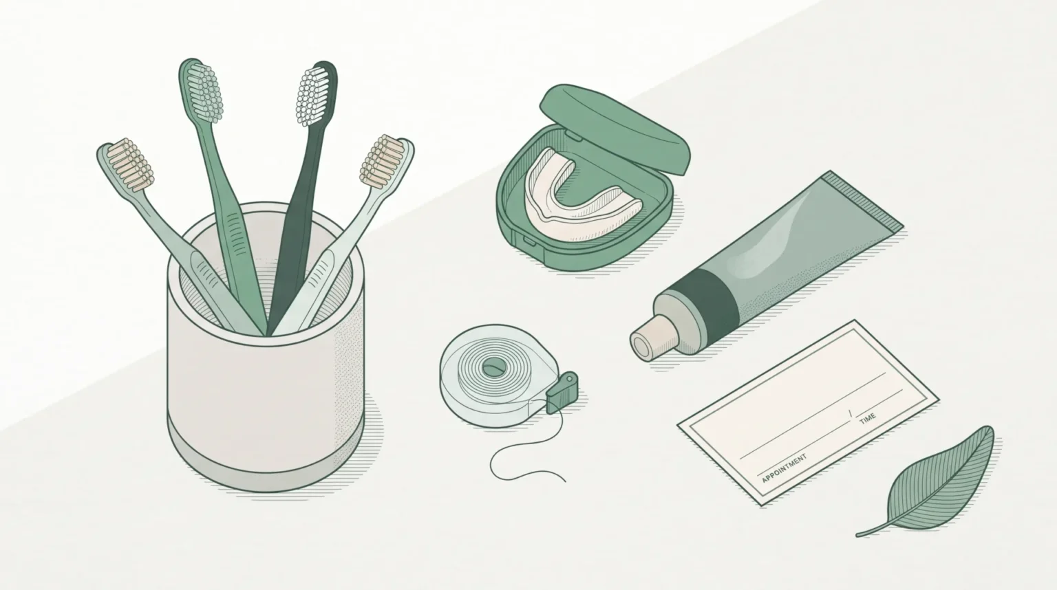 A bathroom counter holds a toothbrush cup, floss, toothpaste and a mouthguard case for family dental care.