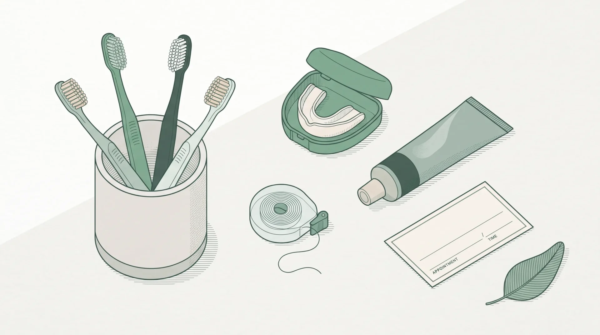 A bathroom counter holds a toothbrush cup, floss, toothpaste and a mouthguard case for family dental care.