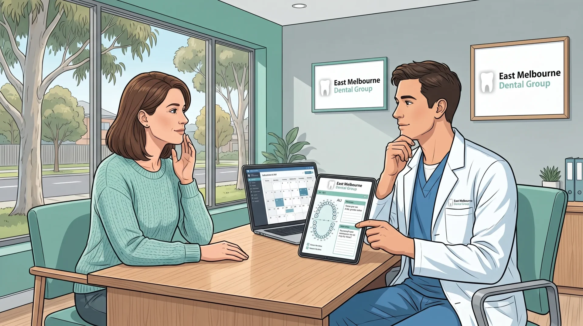 A calm adult patient speaking with a dental professional in a modern Australian consultation room while planning when to schedule a dentist appointment, with the focus on discussing symptoms and next steps rather than any treatment outcome.