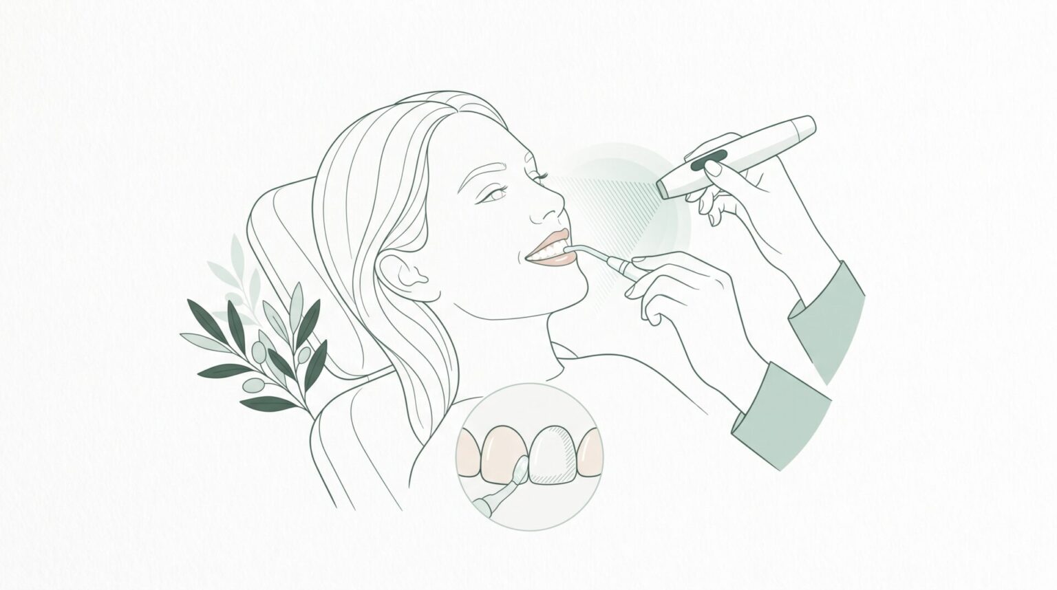 A calm adult profile sits beside simple shade-planning shapes for whitening and veneers.