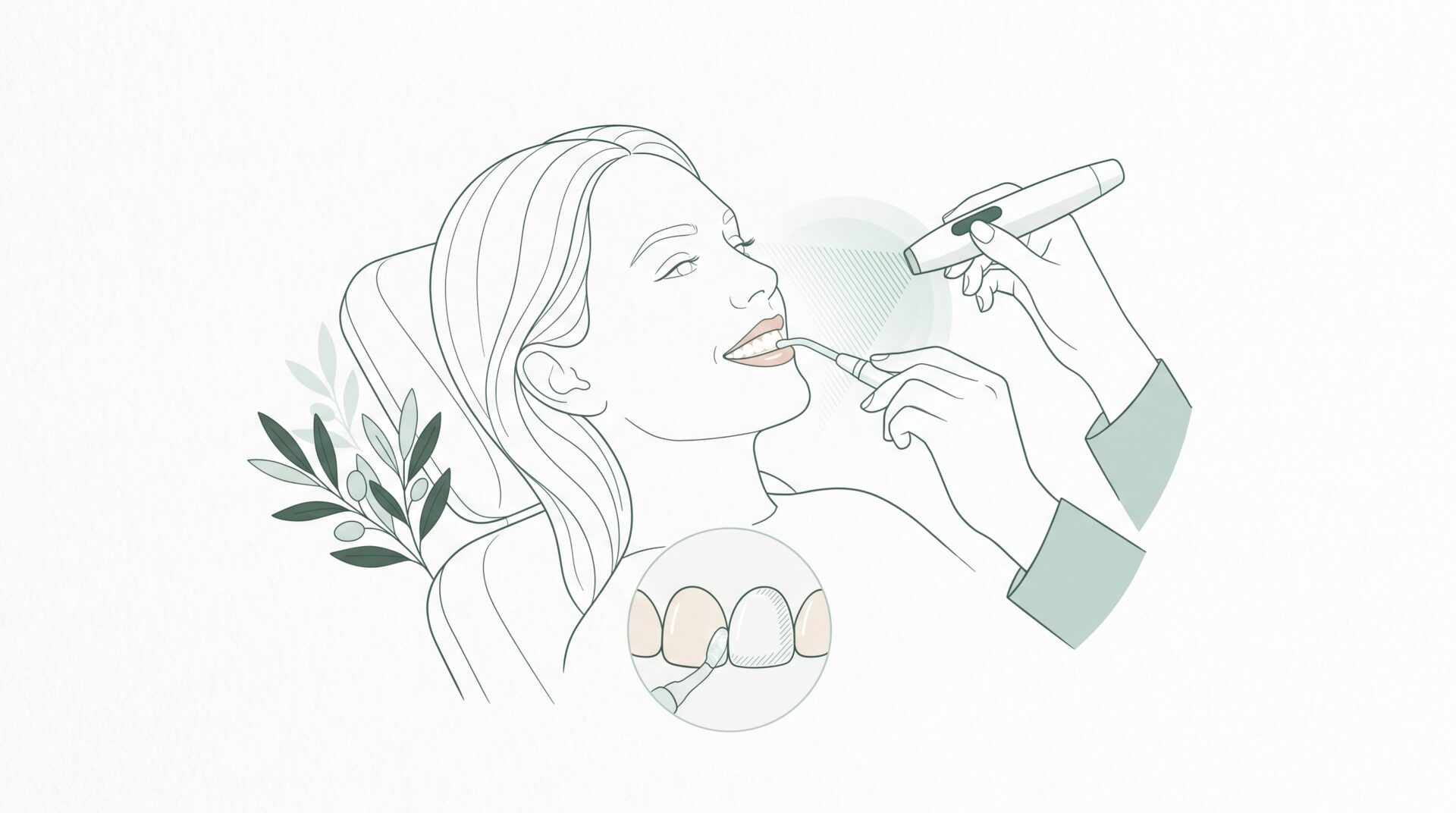 A calm adult profile sits beside simple shade-planning shapes for whitening and veneers.
