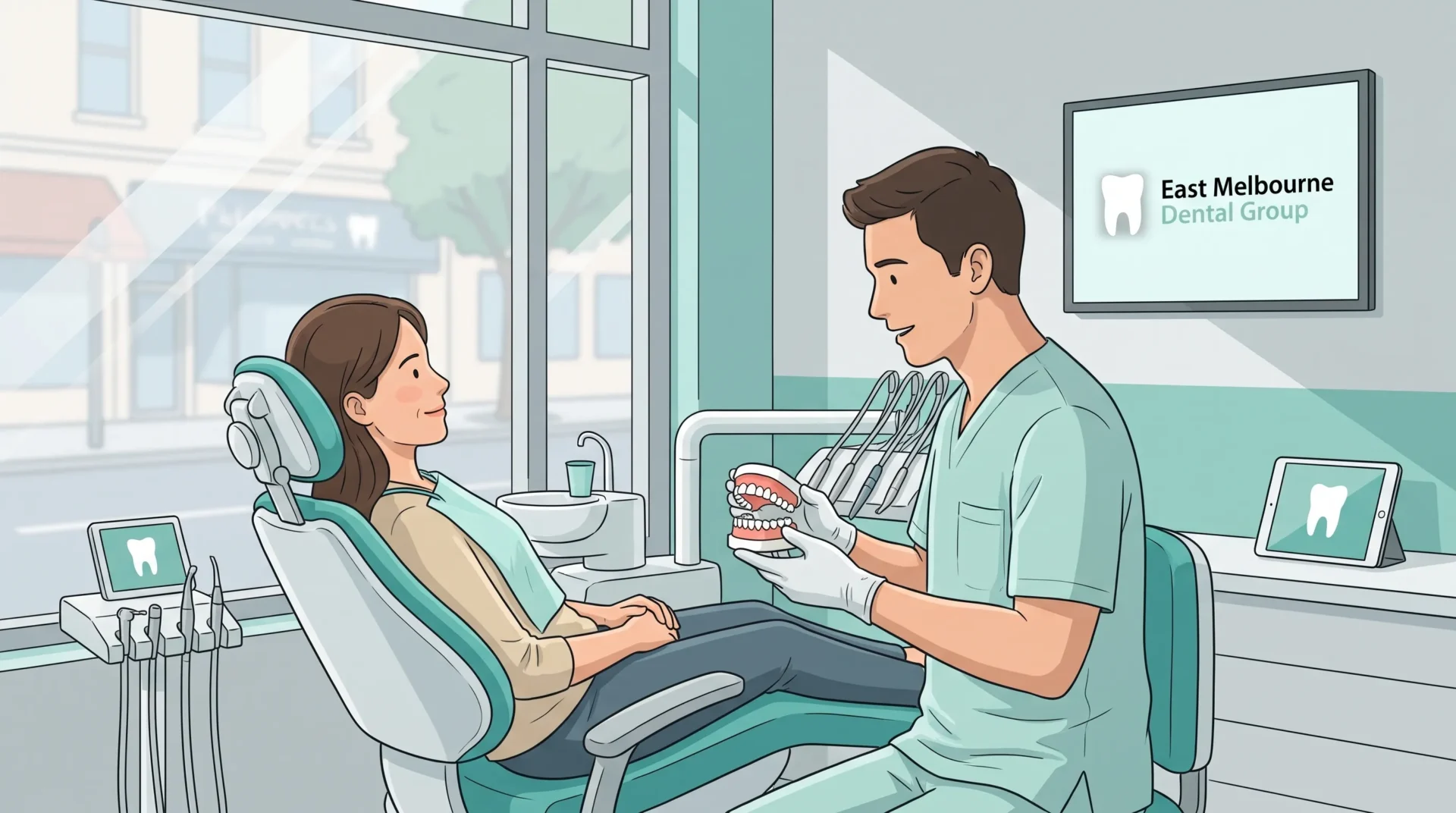 A calm consultation in an East Melbourne dental clinic, showing an adult patient seated comfortably while a dental clinician in gloves explains oral health information using a simple dental model, with realistic teeth and a relaxed, informative setting.