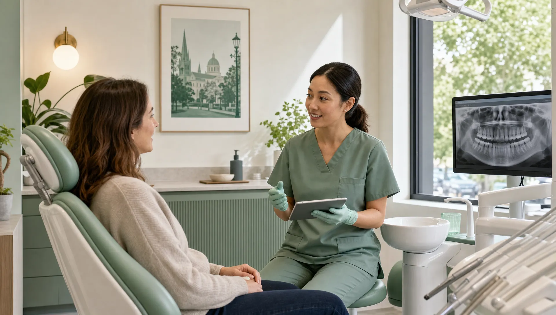 A calm consultation scene in a modern East Melbourne dental clinic, with a general dentist in professional uniform speaking with an adult patient beside the dental chair. The setting is clean and welcoming with soft natural light, realistic expressions, gloves used appropriately, no visible logos, no before-and-after imagery, and no exaggerated or artificially white teeth.