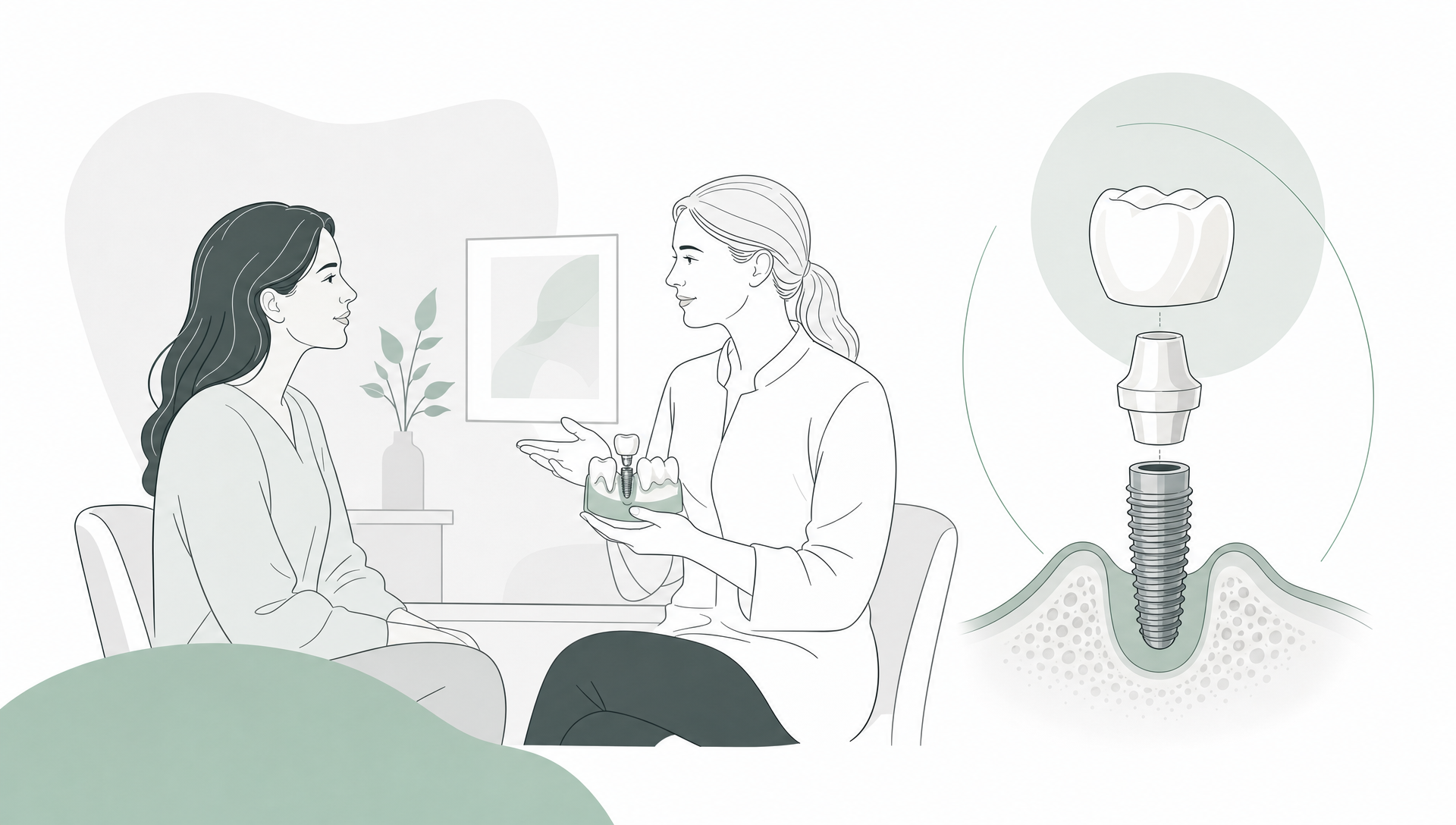 A calm consultation scene showing two adult profiles discussing oral health beside a simplified dental arch, representing patients choosing a dentist of East Melbourne.