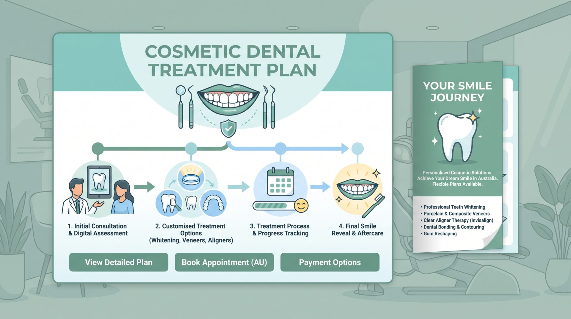A calm dental consultation setup with a tooth shade guide, dental mirror, treatment notes and a model of teeth on a clean clinic bench, representing cosmetic dentistry planning.