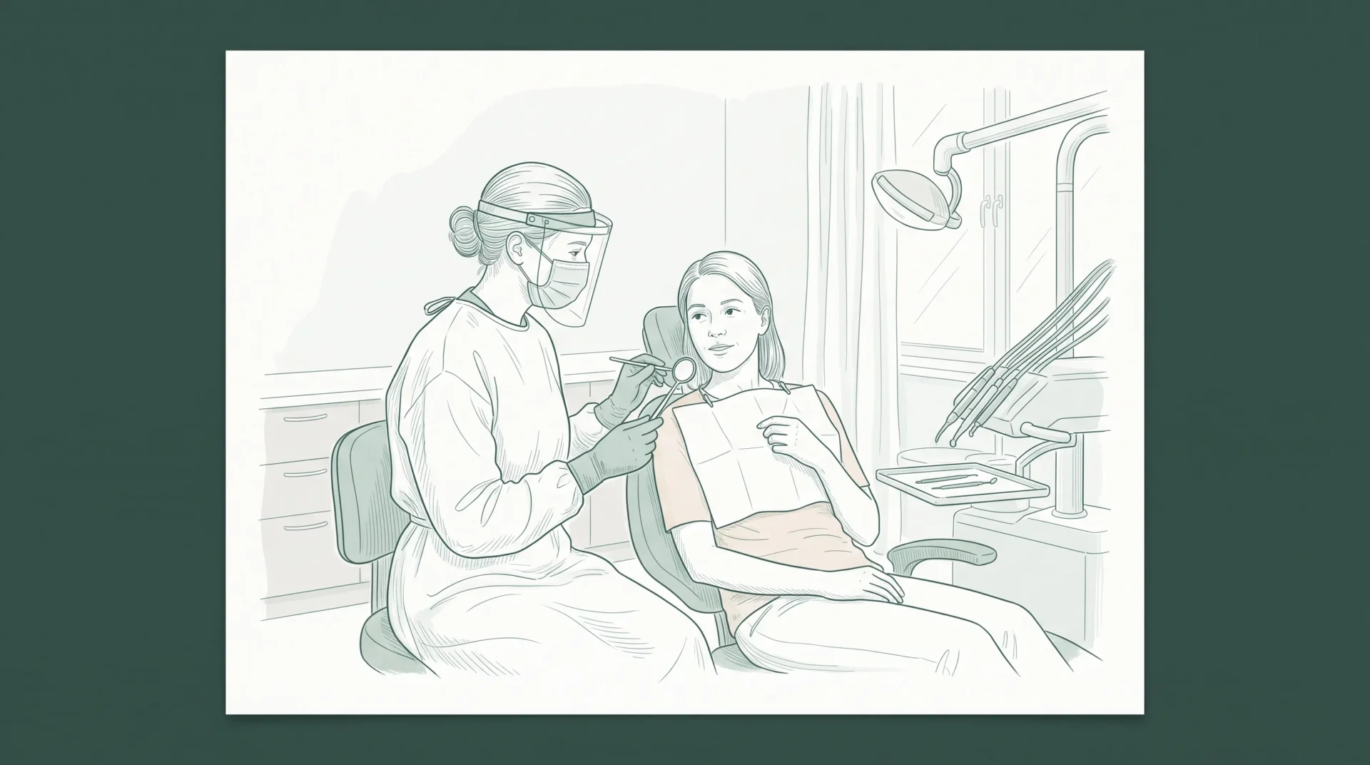 A calm dental professional in PPE speaks with a seated adult patient in a tidy clinic while holding a mirror during an urgent visit.