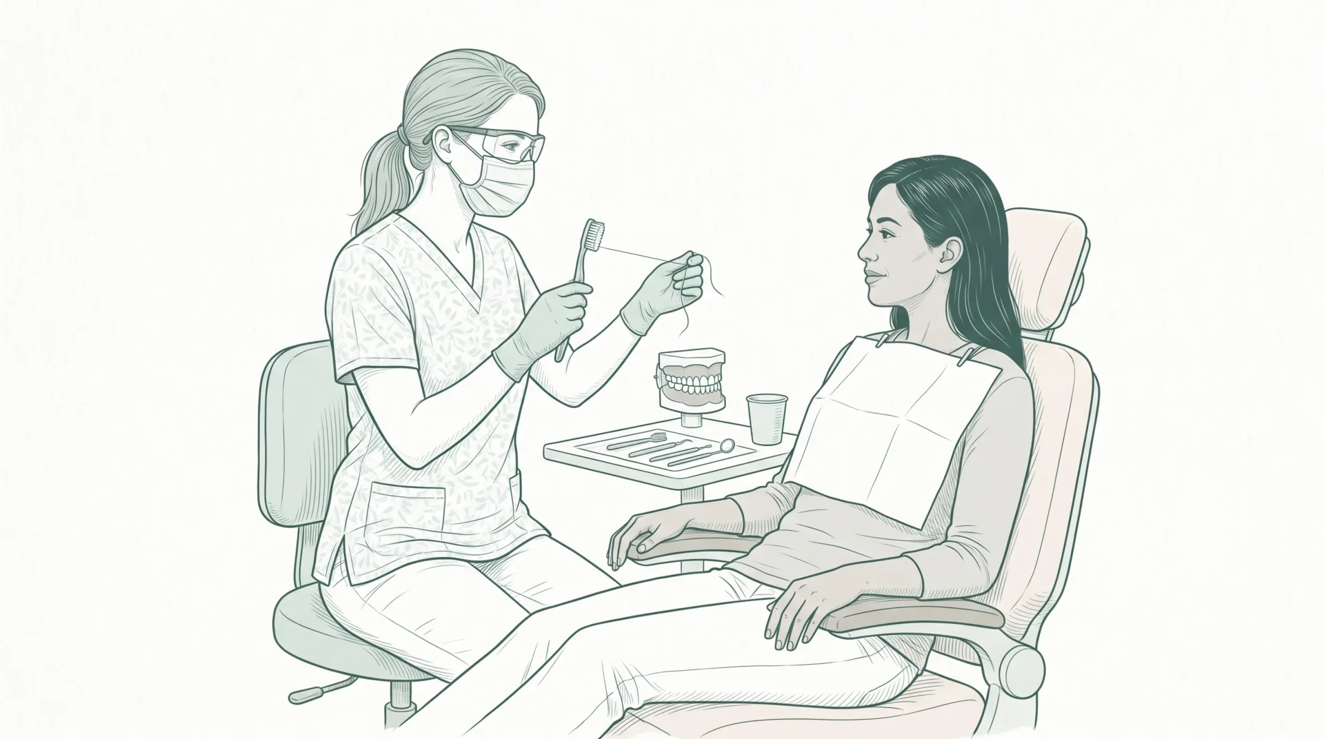 A calm dental professional shows an adult patient how to care for a healthy smile between check-ups with a toothbrush and floss.