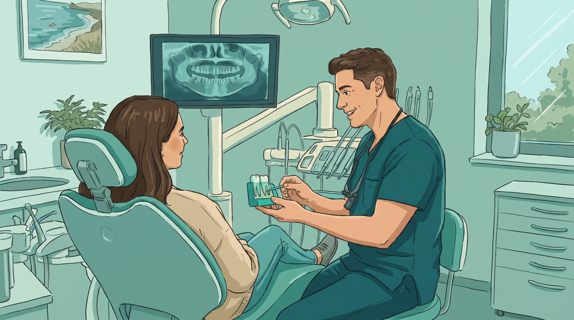 A calm dental surgery with modern dental instruments, a comfortable treatment chair, and a dentist discussing a tooth model with a patient.