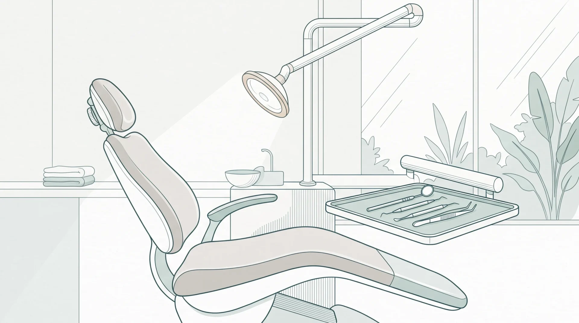 A calm dental treatment room with a chair, examination light and neatly arranged instruments for urgent toothache care.