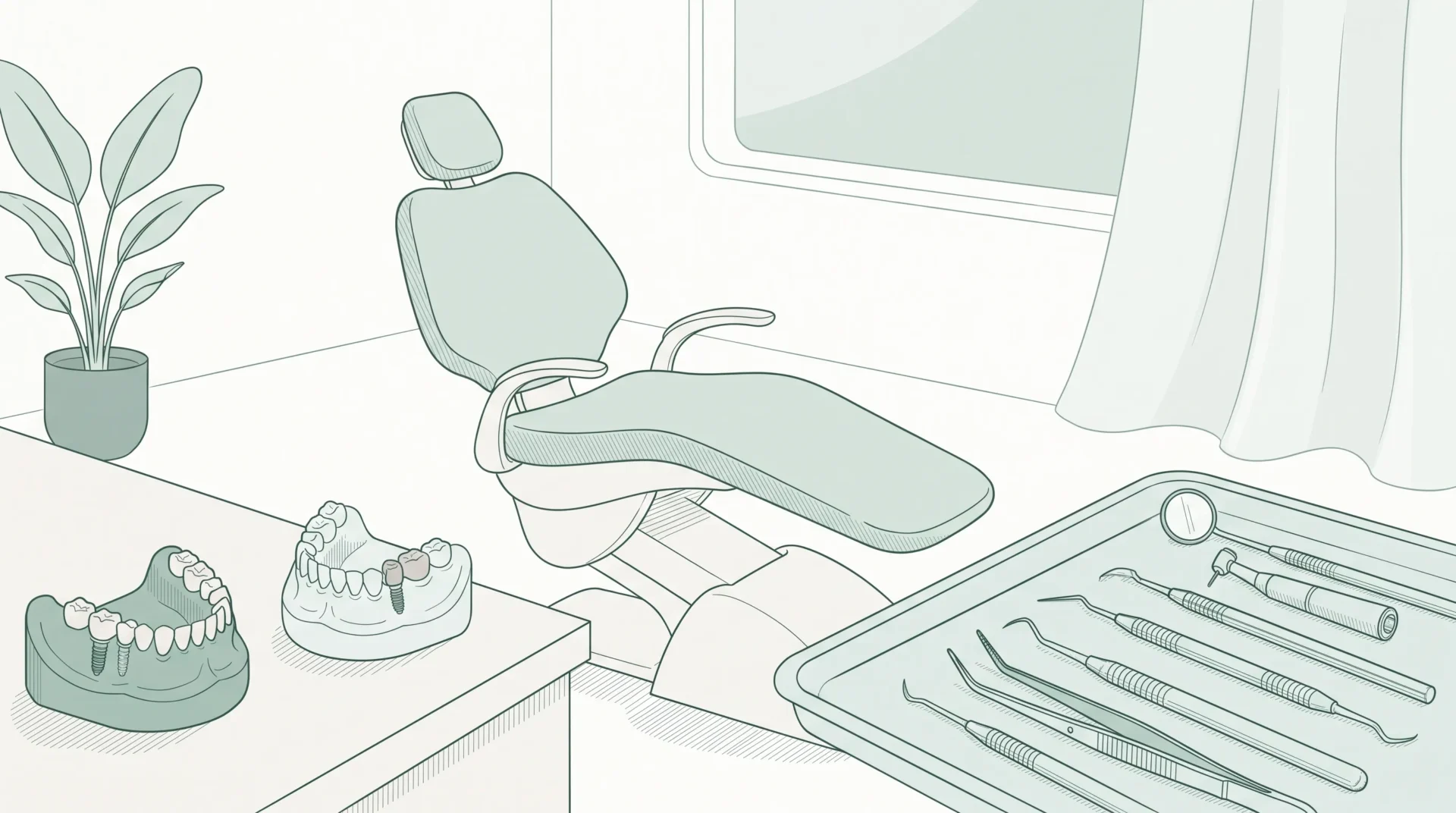 A calm dental treatment room with a chair, implant planning models and neatly arranged instruments on a tray.