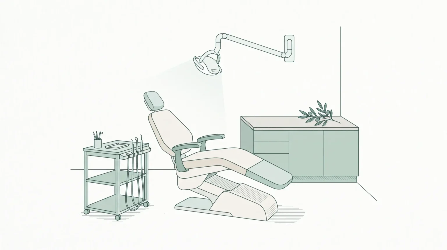 A calm dental whitening room with a treatment chair, trolley and lamp ready for an appointment.