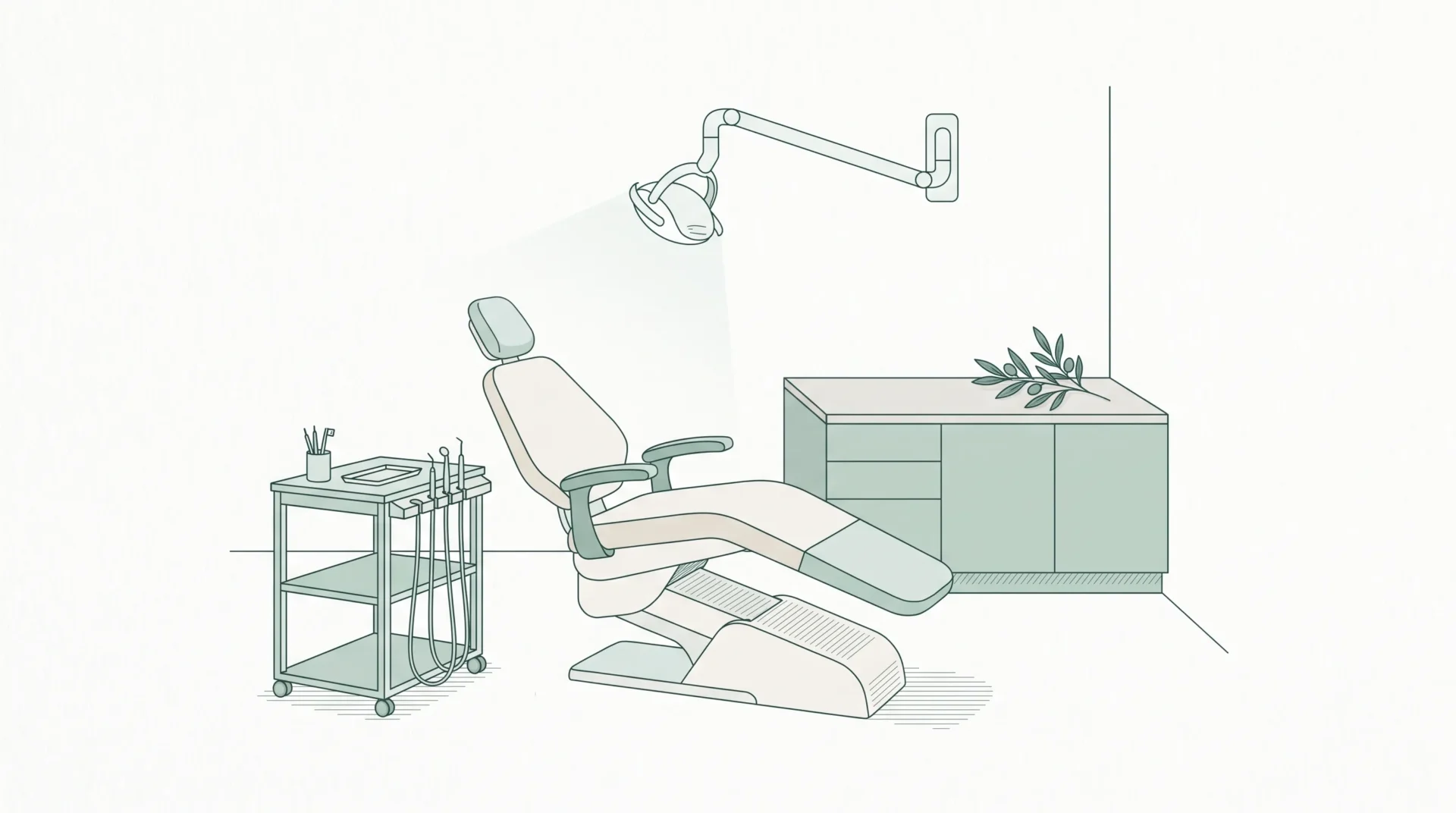 A calm dental whitening room with a treatment chair, trolley and lamp ready for an appointment.