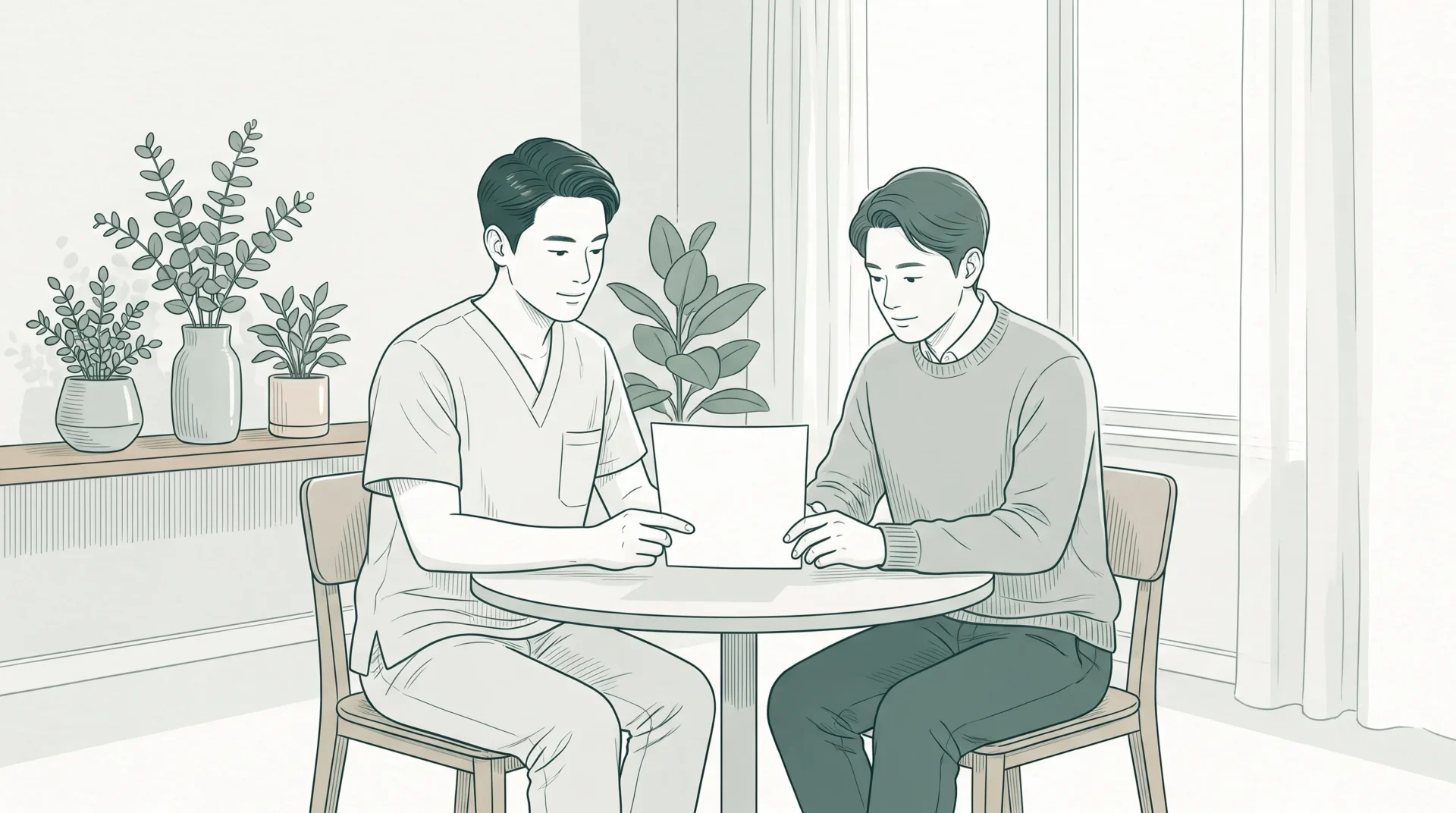 A calm dentist and adult patient review an unlabelled treatment plan sheet at a small table in a welcoming consultation room.