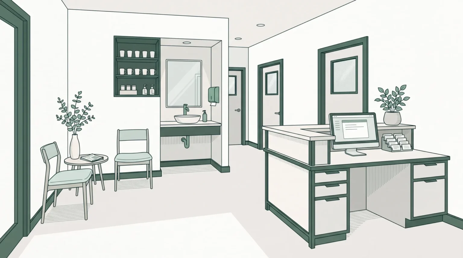 A calm family dental clinic interior shows the reception, corridor and waiting chairs in an orderly space.