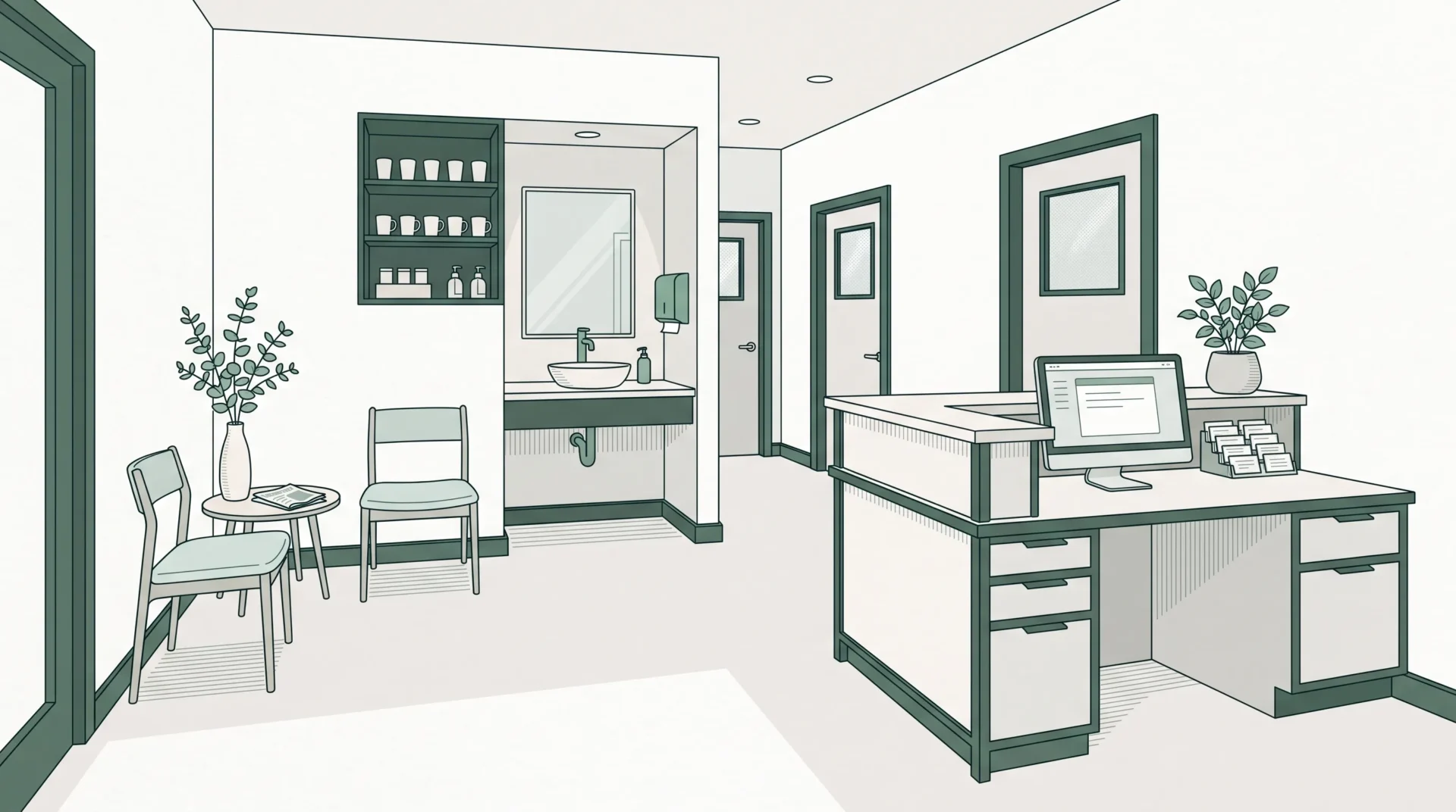 A calm family dental clinic interior shows the reception, corridor and waiting chairs in an orderly space.