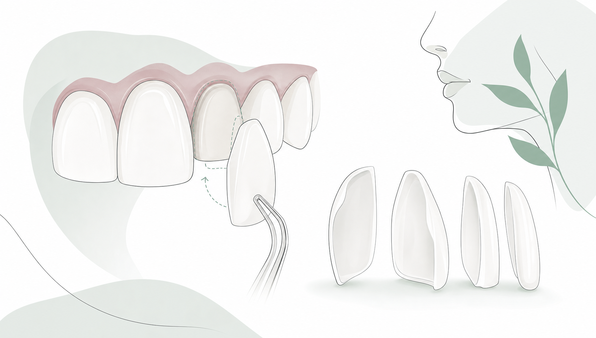 A calm premium editorial vector illustration of an adult dentist discussing a natural dental makeover plan with an adult patient, with a simplified facial profile, dental arch, porcelain veneer shells and subtle smile planning contour guides in white, soft grey, muted sage green accents and fine charcoal linework, generous negative space, no text or logos.