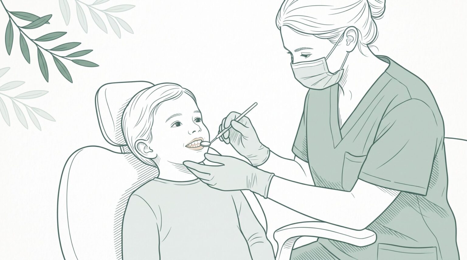 A child reclines in a dental chair as a masked dentist gently examines their teeth with a mirror during a first dental visit.