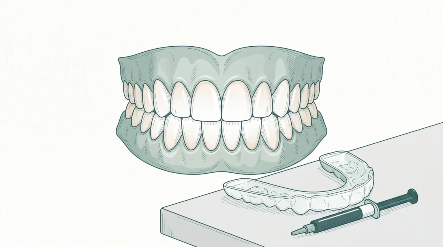 A close-up of healthy teeth, gums and a whitening tray on a clinic surface.