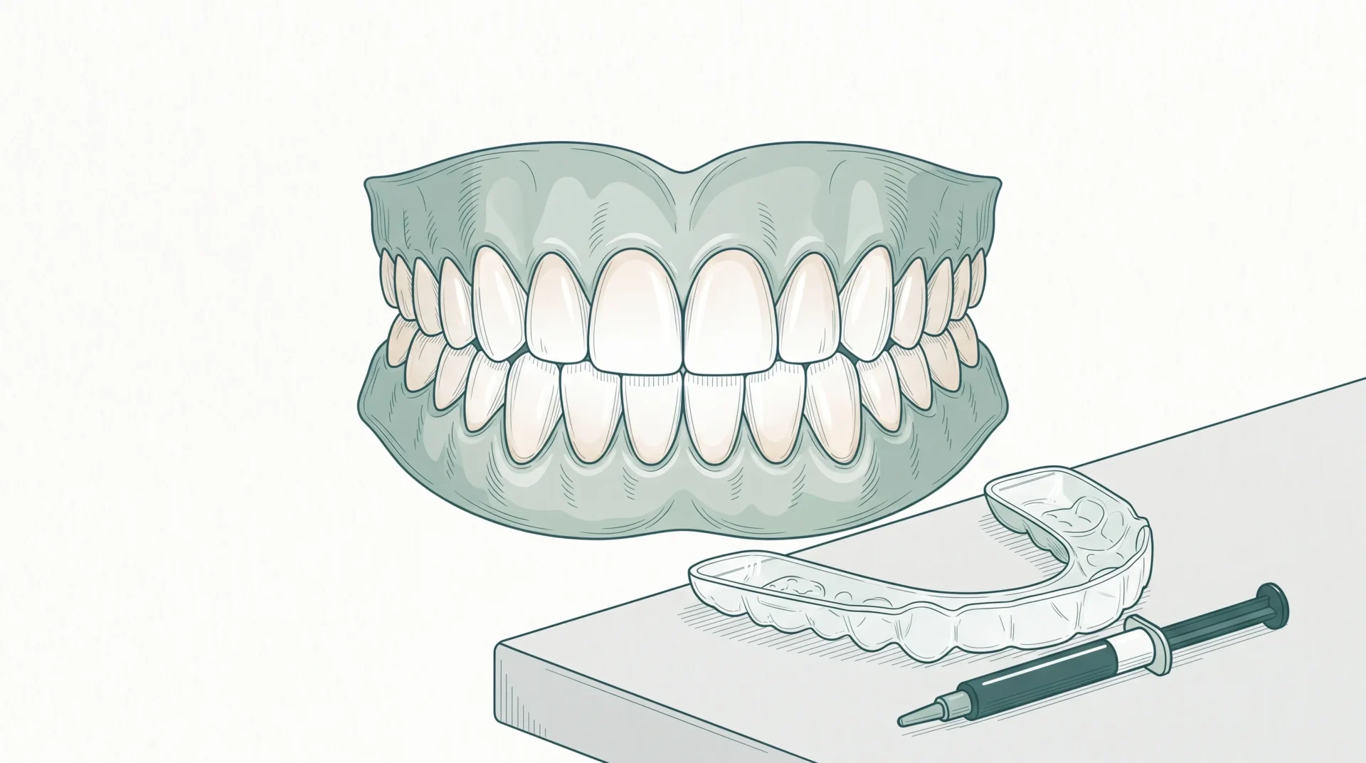 A close-up of healthy teeth, gums and a whitening tray on a clinic surface.