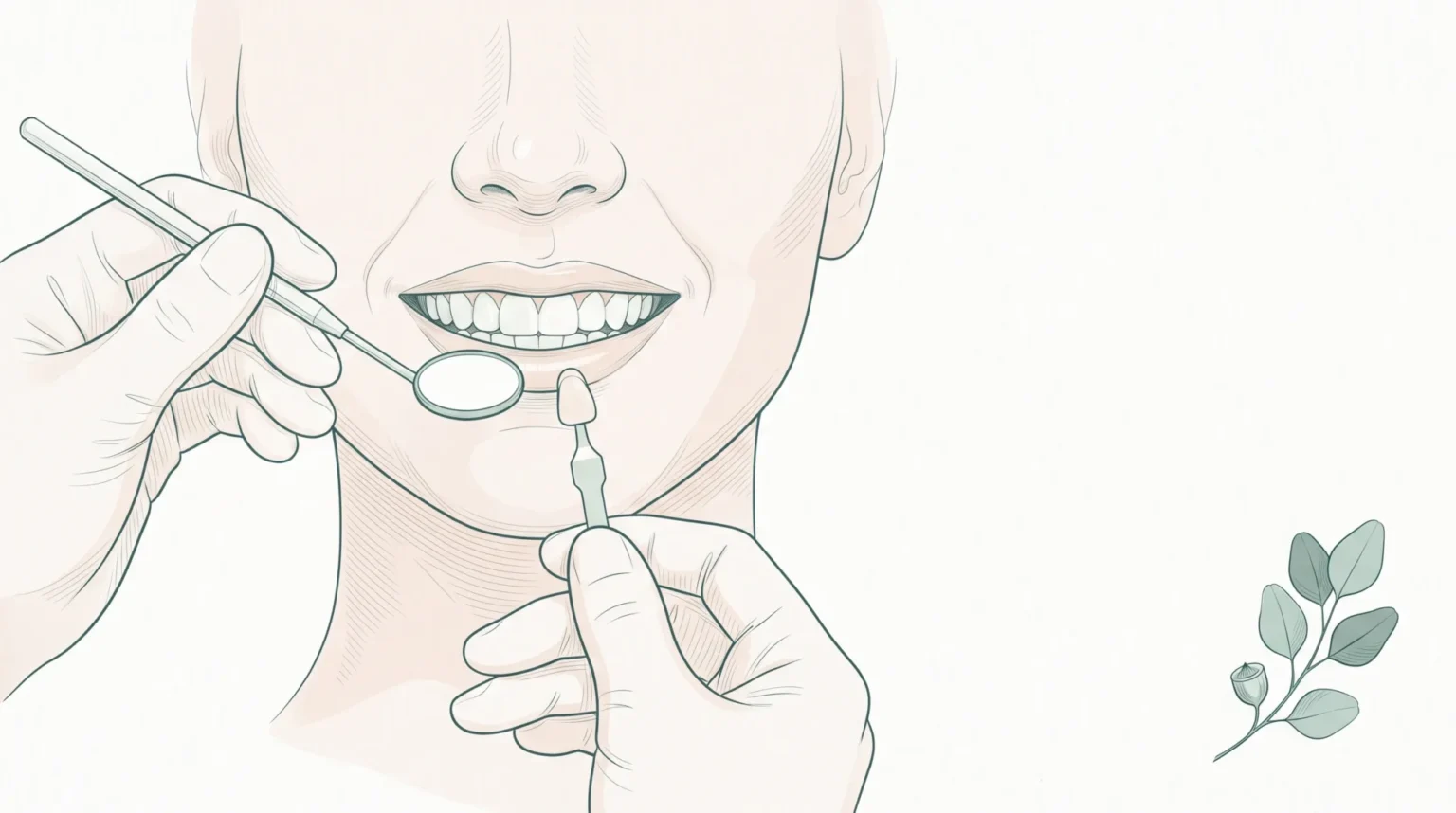 A close-up smile assessment shows a patient’s mouth, a handheld mirror and a shade guide during a cosmetic dental consultation.