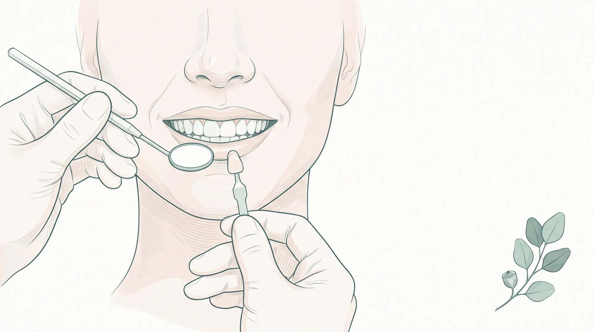 A close-up smile assessment shows a patient’s mouth, a handheld mirror and a shade guide during a cosmetic dental consultation.