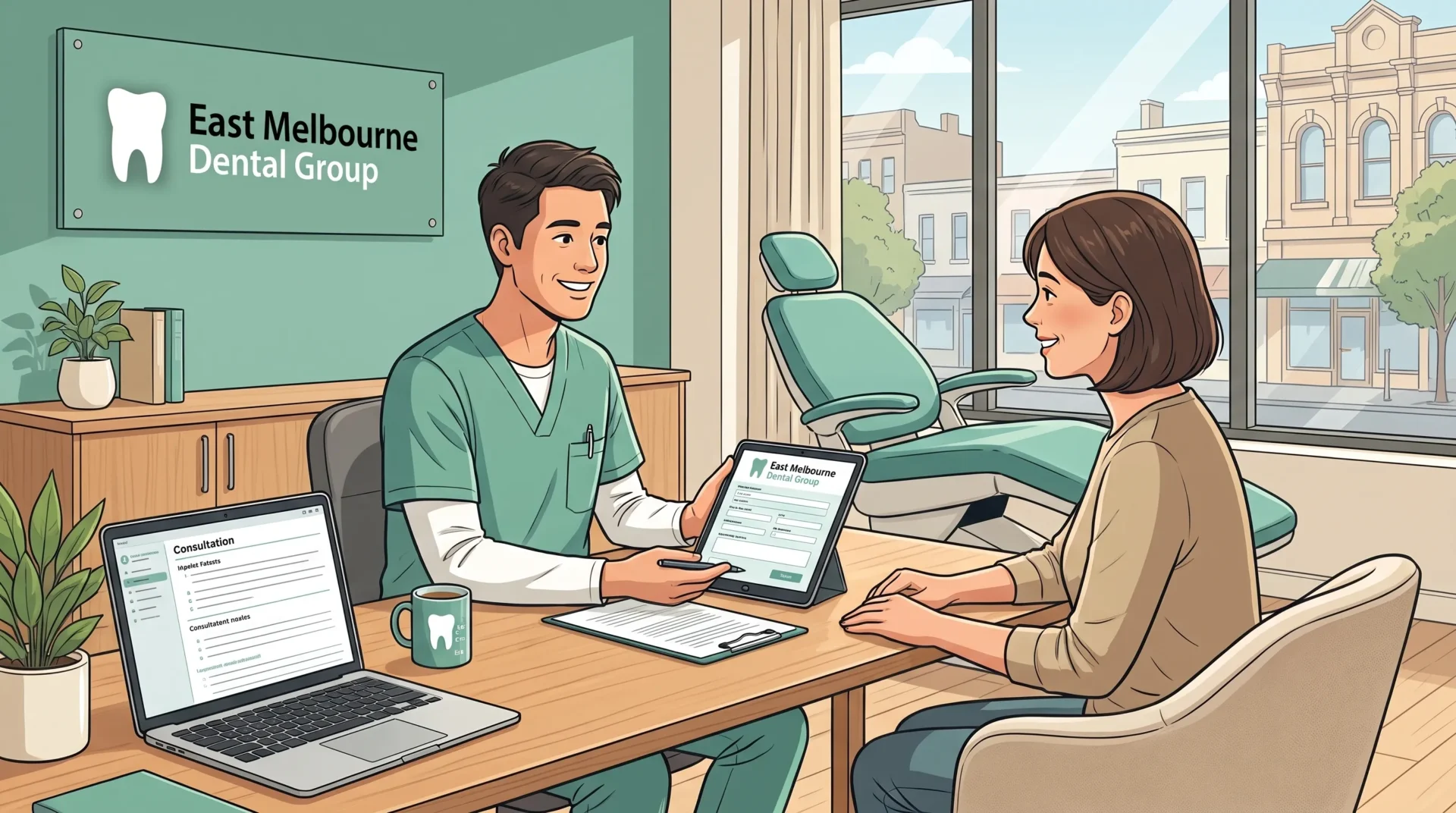 A comfort dentistry consultation in a modern East Melbourne dental clinic, with an adult patient and a dental professional talking through appointment options in a respectful, relaxed setting, with a treatment chair and consultation notes visible nearby.