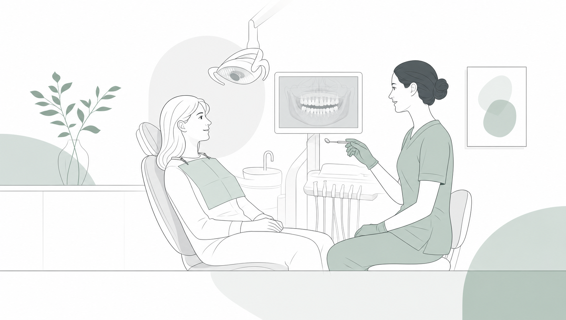 A dental arch is professionally cleaned in a calm preventive care scene.