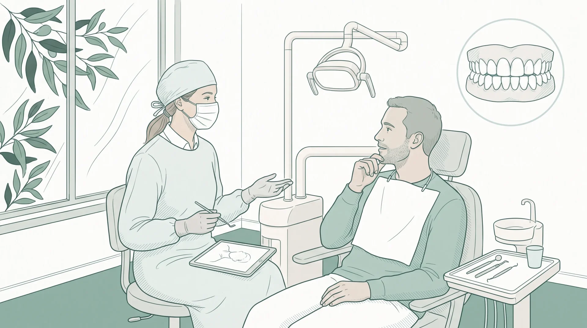 A dental professional discusses teeth whitening timing with an adult patient in a modern treatment room, with a small inset showing upper and lower teeth in healthy gums.