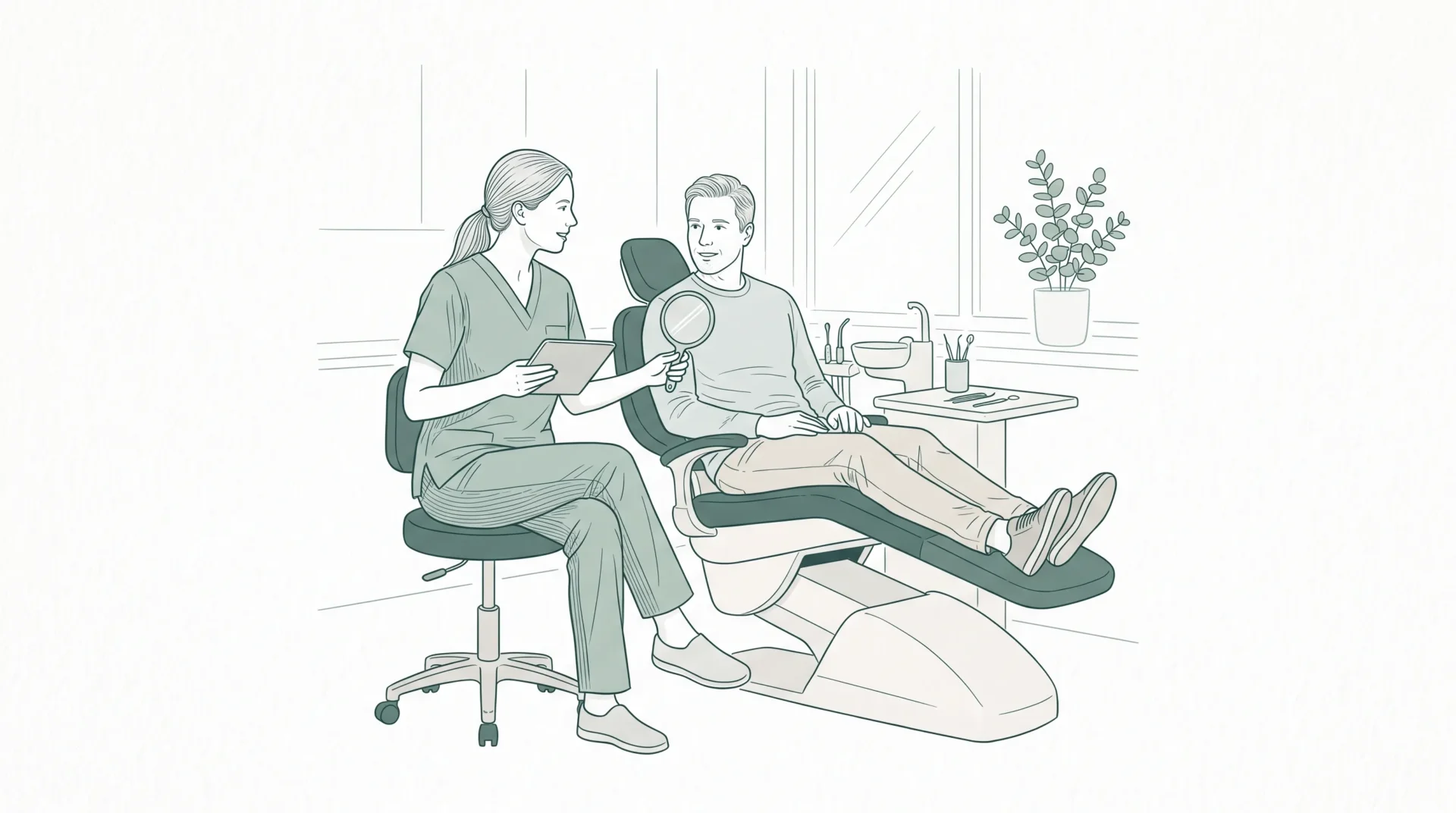 A dental professional discusses whitening options with a seated adult patient beside a treatment chair, with a small mirror nearby.