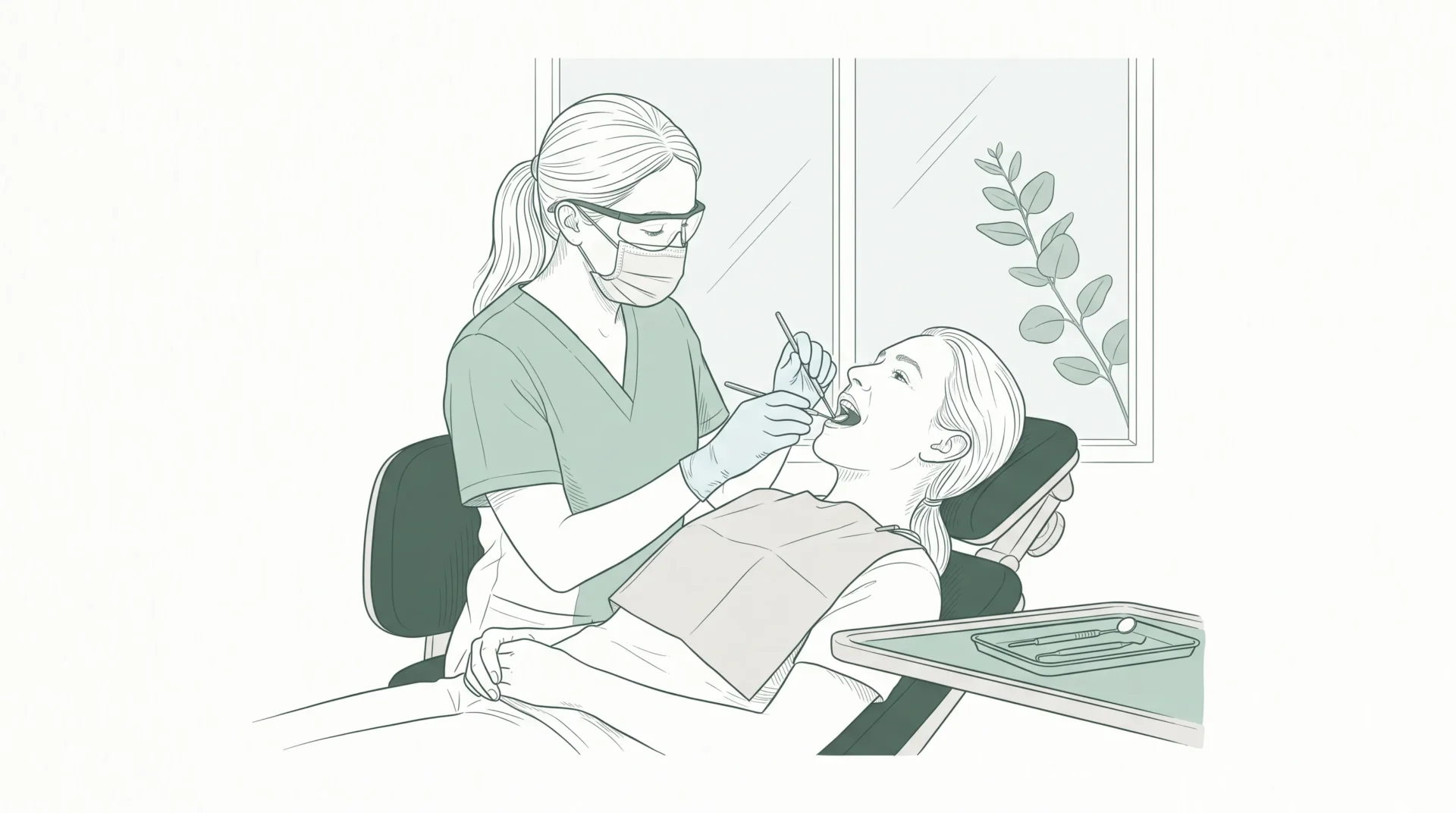 A dental professional in gloves, mask and eyewear cleans an adult patient’s teeth with a mirror and scaler in a modern clinic.
