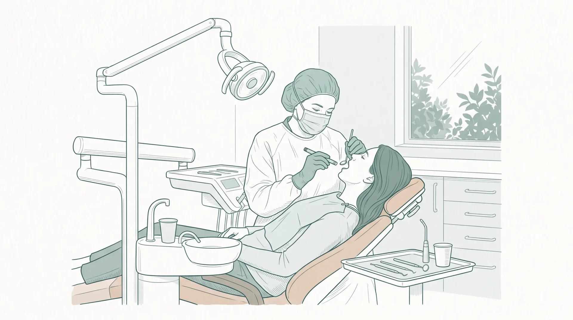 A dental professional in PPE gently examines an adult patient in a modern clinic with a mirror and light.