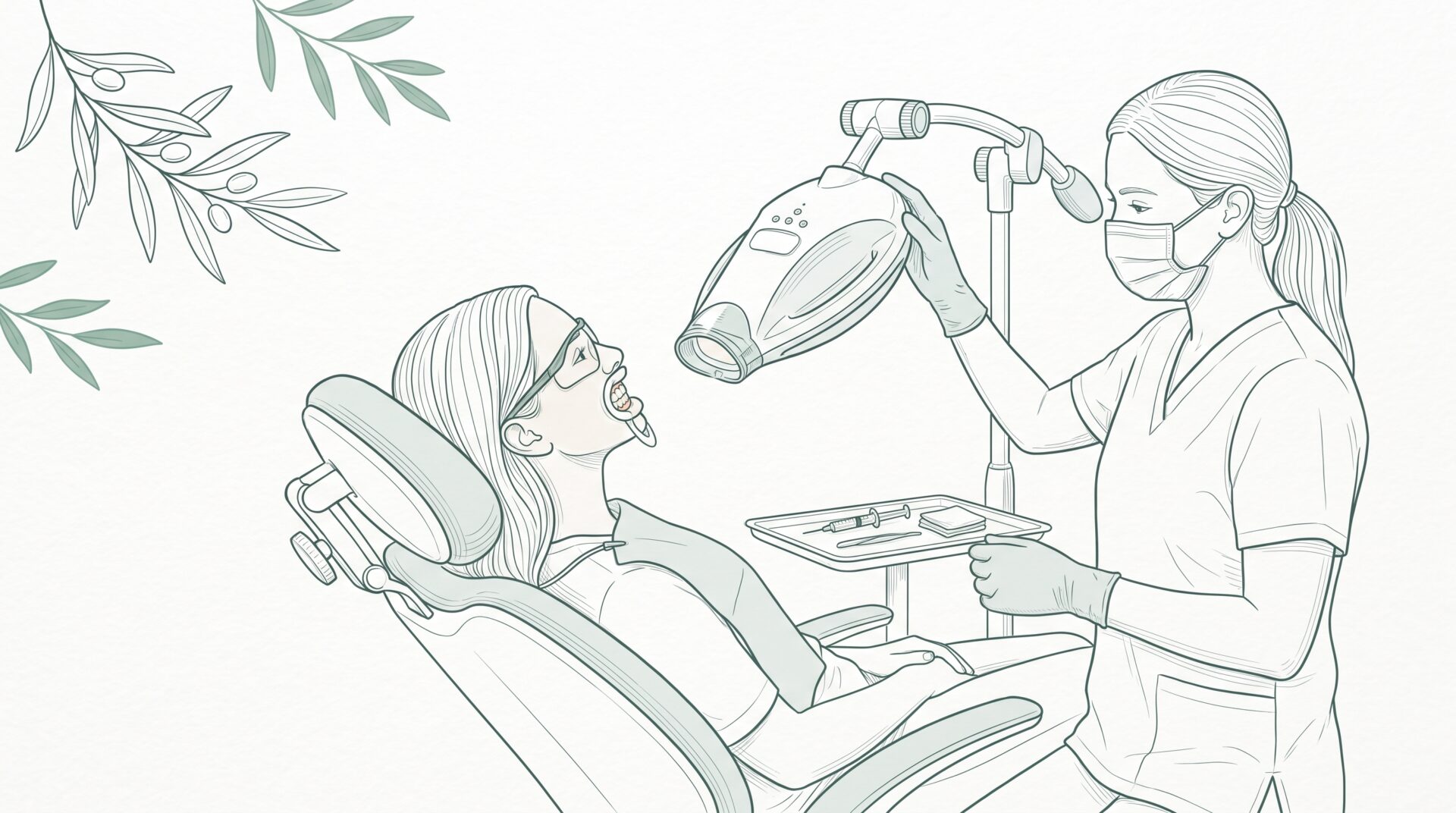 A dental professional prepares a reclining patient for teeth whitening with protected gums and a small inset of the whitening setup.