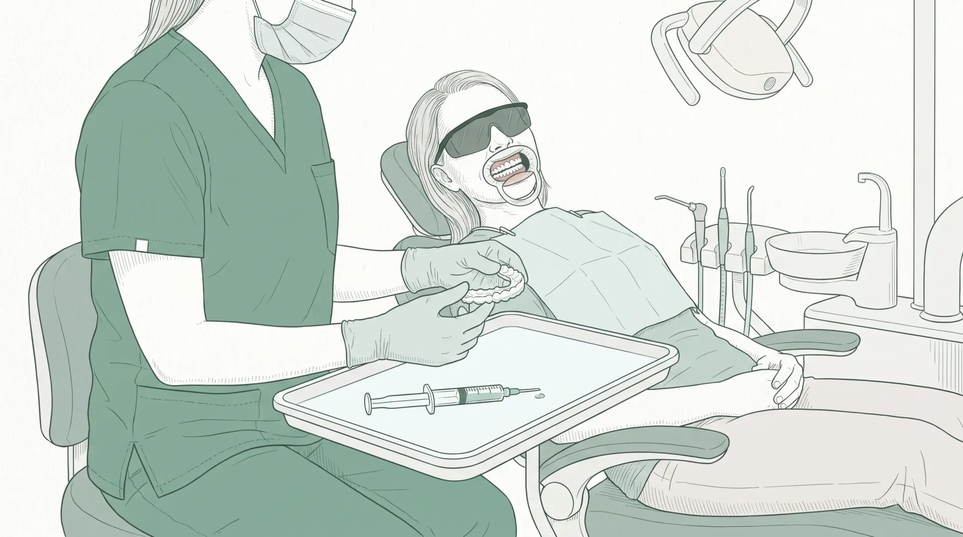 A dental professional prepares a whitening tray beside an adult patient in a modern clinic, with teeth, gums and protective equipment shown clearly.
