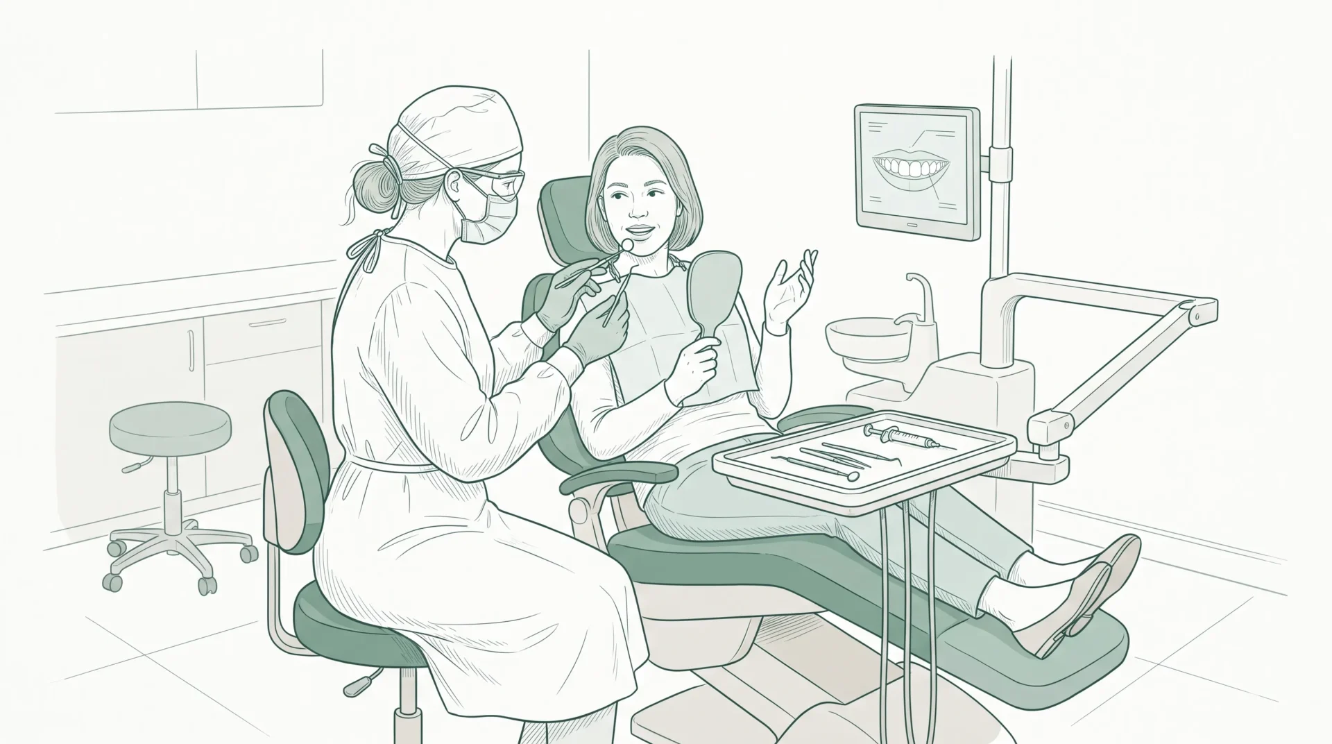 A dentist and adult patient discuss cosmetic dental options beside a treatment chair, with a gentle mirror examination of the front teeth.