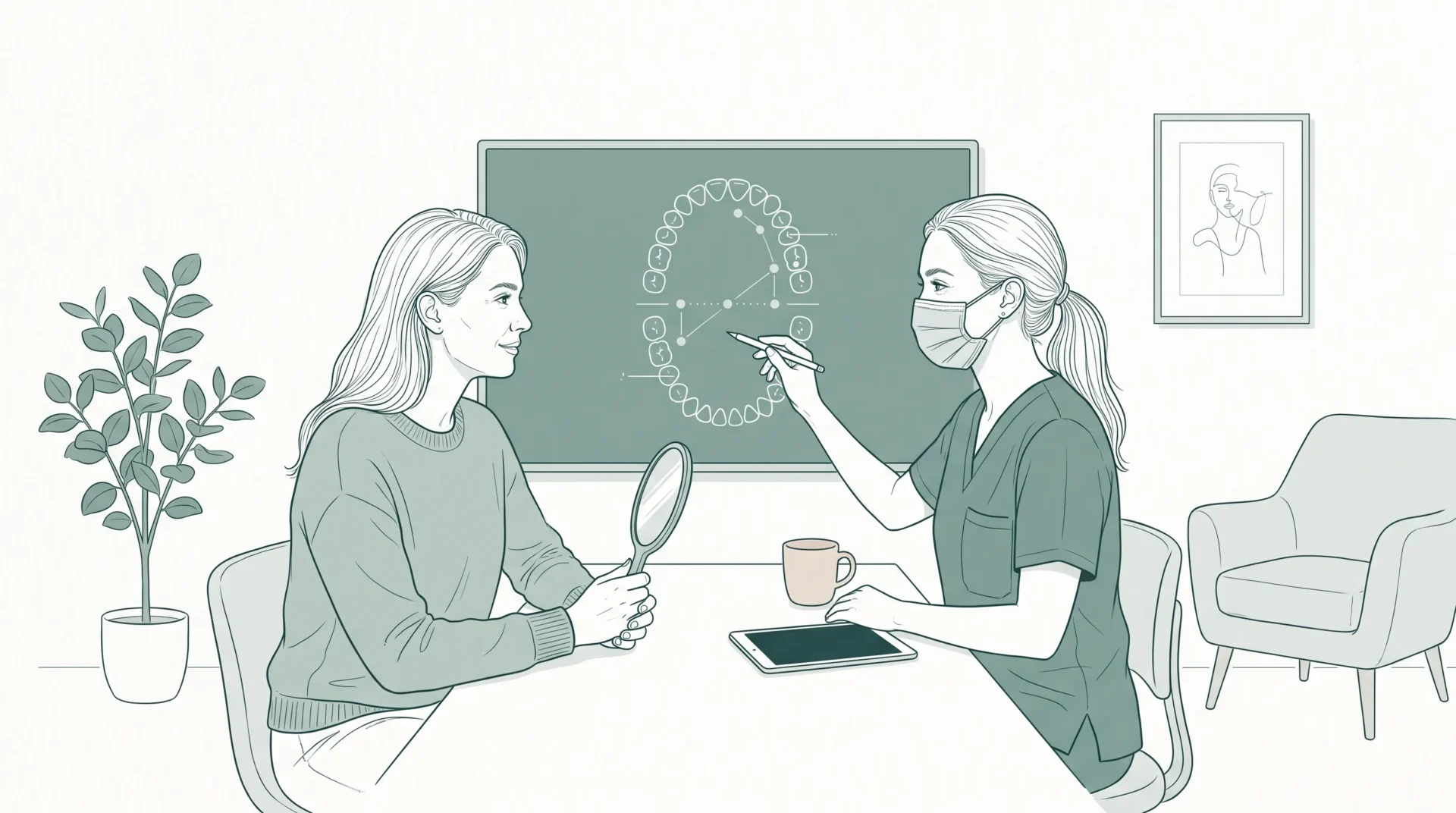 A dentist and adult patient discuss how bite contacts affect proposed cosmetic tooth changes in a calm consultation room.