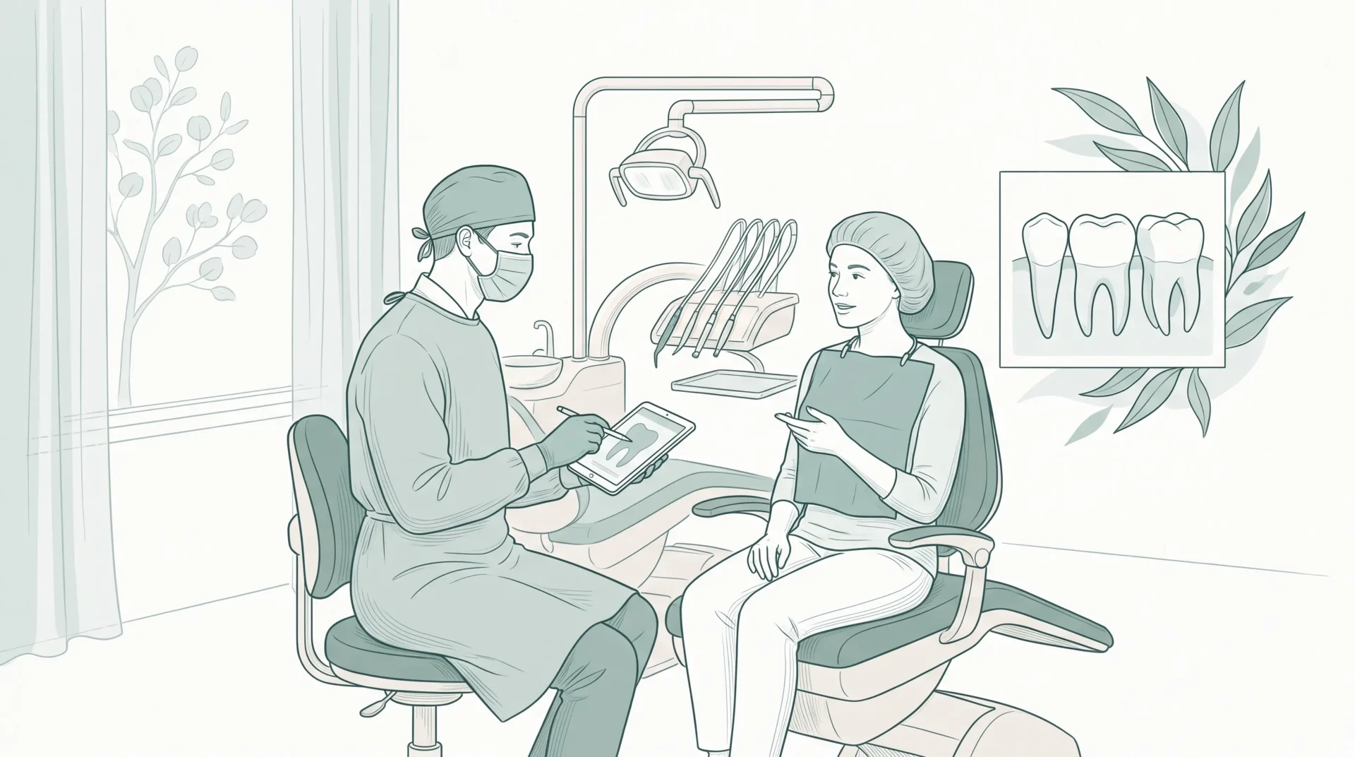 A dentist and adult patient discuss oral health goals in a modern treatment room with a small teeth inset and eucalyptus leaves.