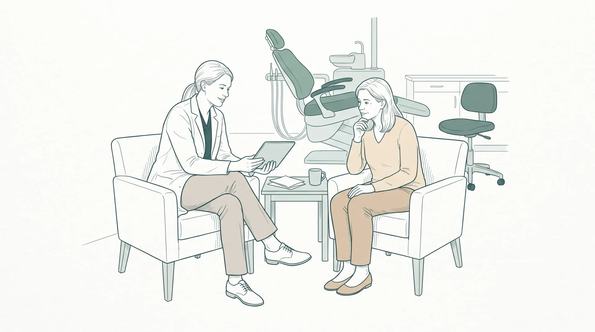 A dentist and adult patient discuss the cleaning fee together in a quiet consultation room, seated beside a dental chair with relaxed postures and a small side table nearby.