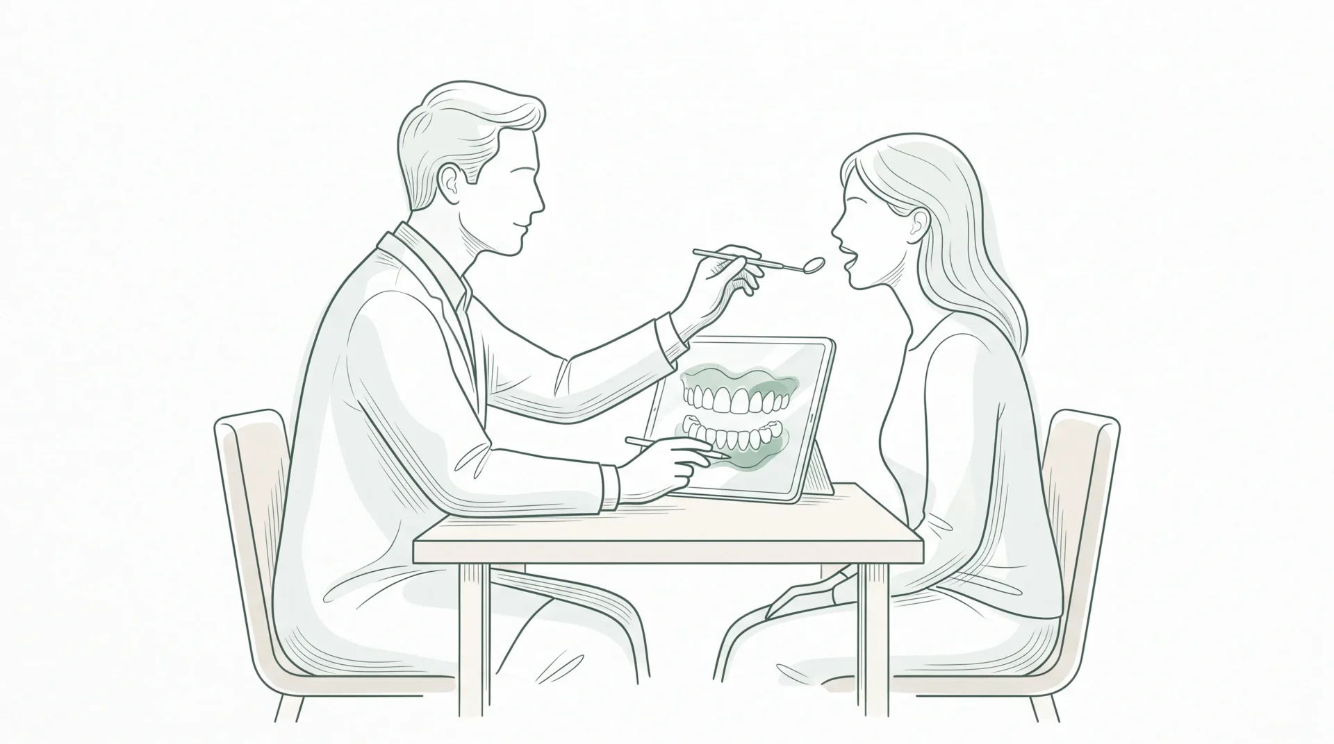 A dentist and patient review a natural-looking smile plan with a dental mirror and soft gum contours.