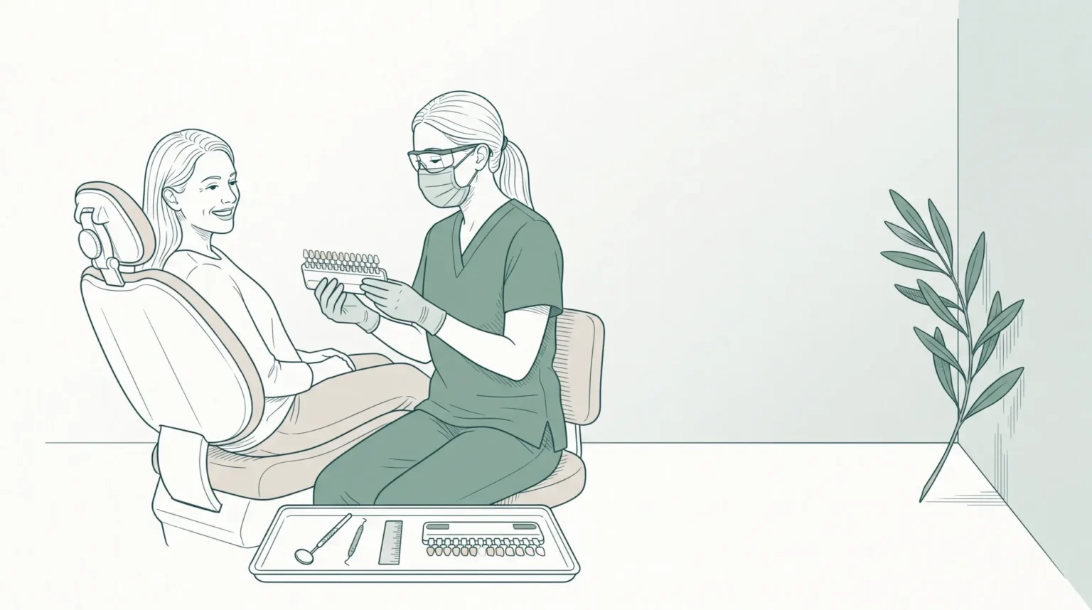 A dentist and patient review a shade guide beside a treatment chair during a cosmetic consultation.