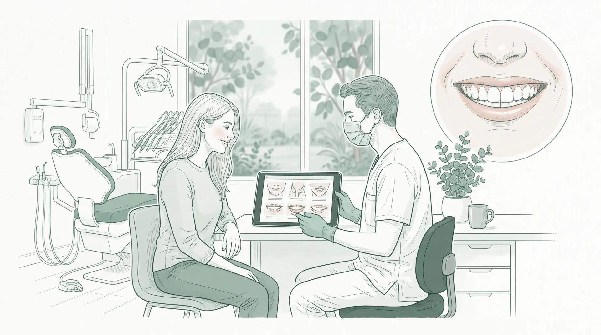 A dentist and patient review cosmetic treatment options in a calm clinic, with a natural smile close-up in a circular inset.