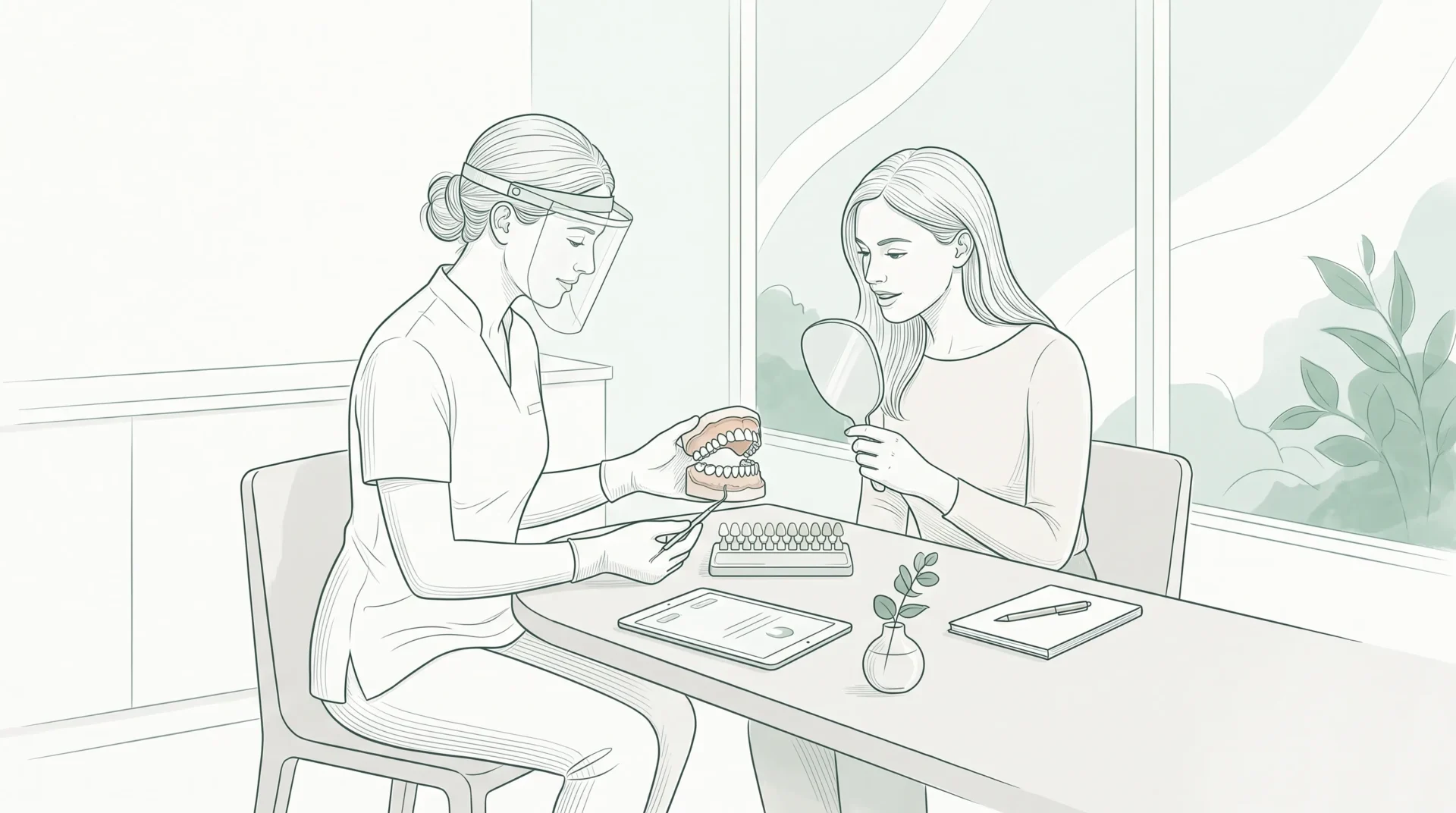 A dentist and patient review veneer shade samples and a dental model during a cosmetic consultation.