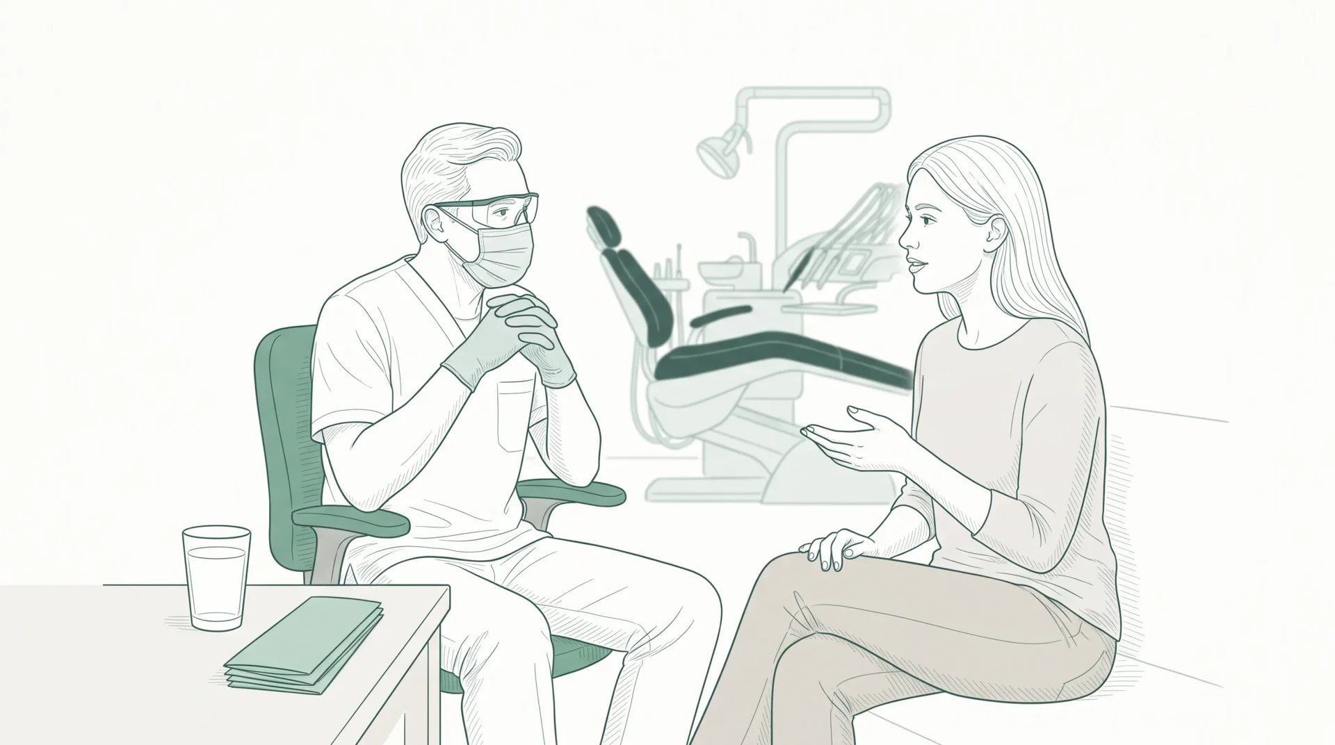 A dentist and patient talk quietly in a consultation room while reviewing treatment options.