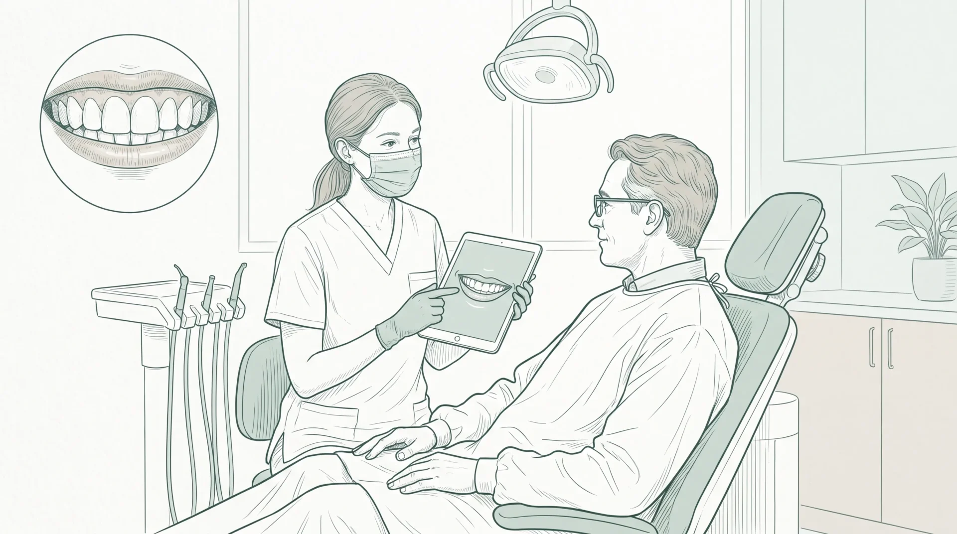 A dentist at a smile dental clinic near me speaks with an adult patient in a treatment chair during a cosmetic consultation, with a small inset of healthy teeth.