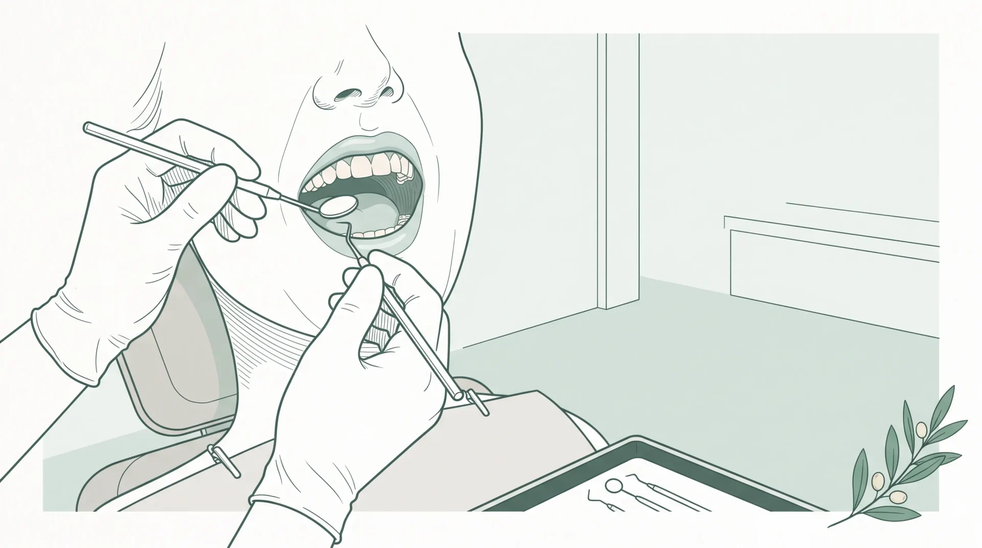 A dentist checks an adult patient’s teeth with a mirror during a routine check-up in a calm clinic setting.
