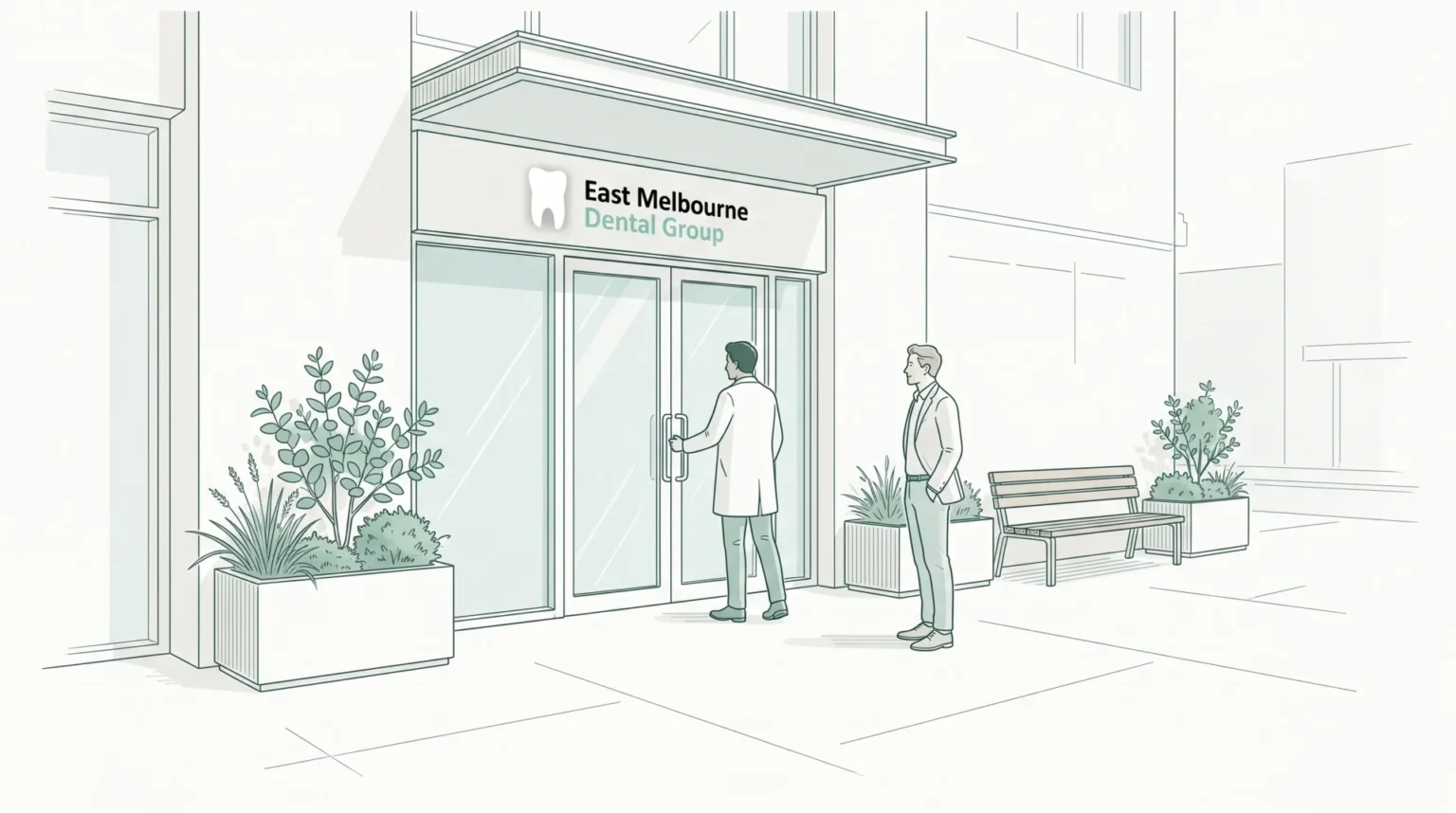 A dentist clinic entrance in East Melbourne with two adults outside and a clear doorway for appointments.