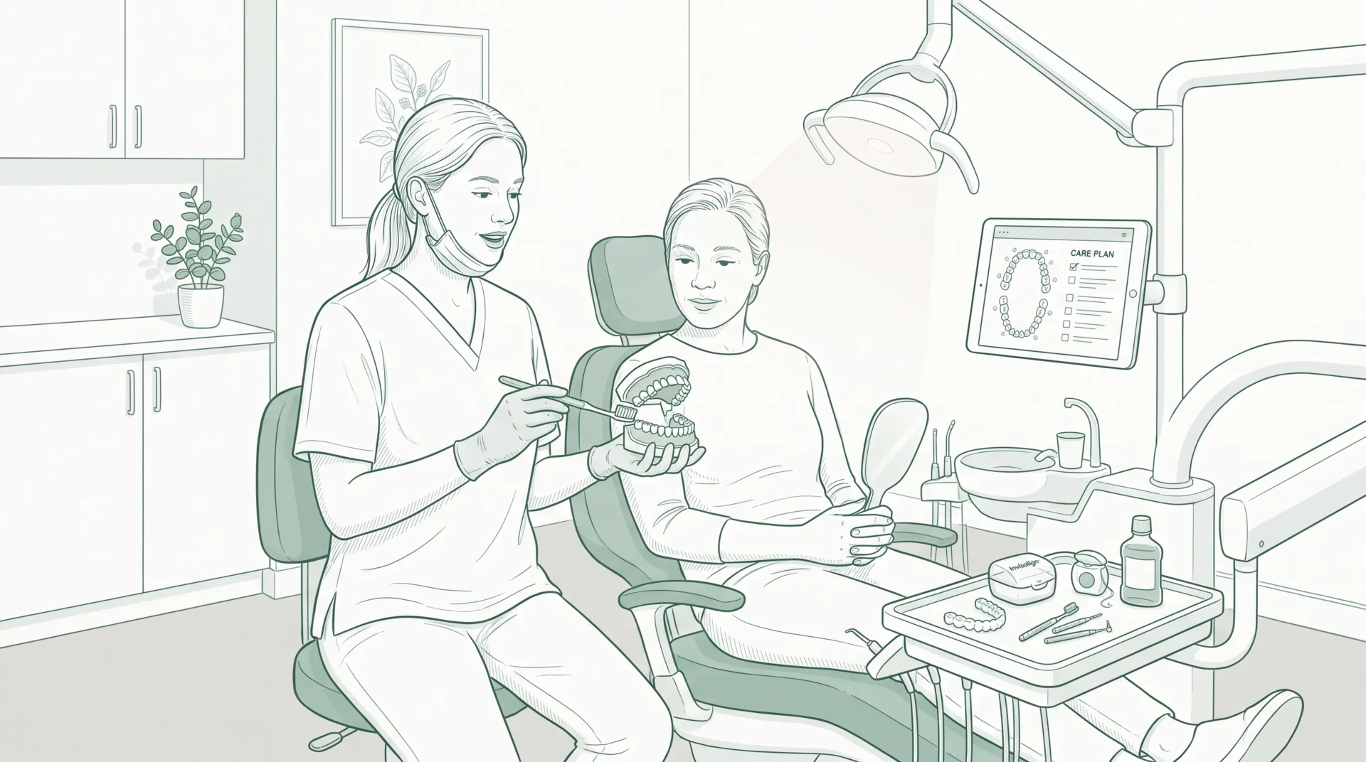 A dentist discusses oral hygiene with an adult patient seated upright in a dental chair before Invisalign treatment.