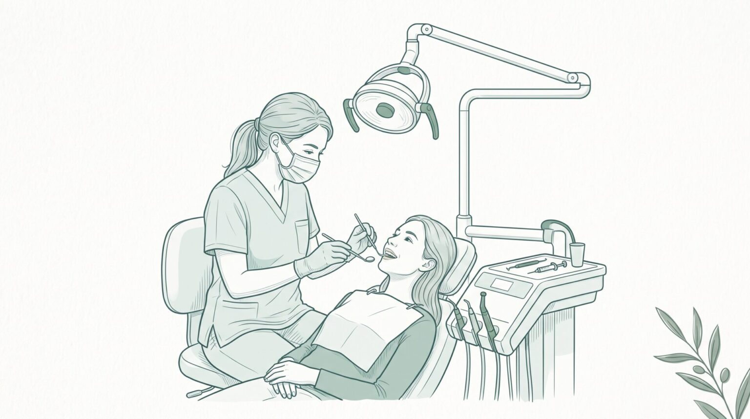 A dentist examines a reclining patient with a mirror and probe during a routine visit, with the dental chair and equipment beside them.