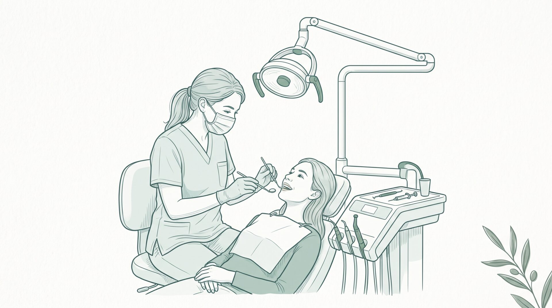 A dentist examines a reclining patient with a mirror and probe during a routine visit, with the dental chair and equipment beside them.