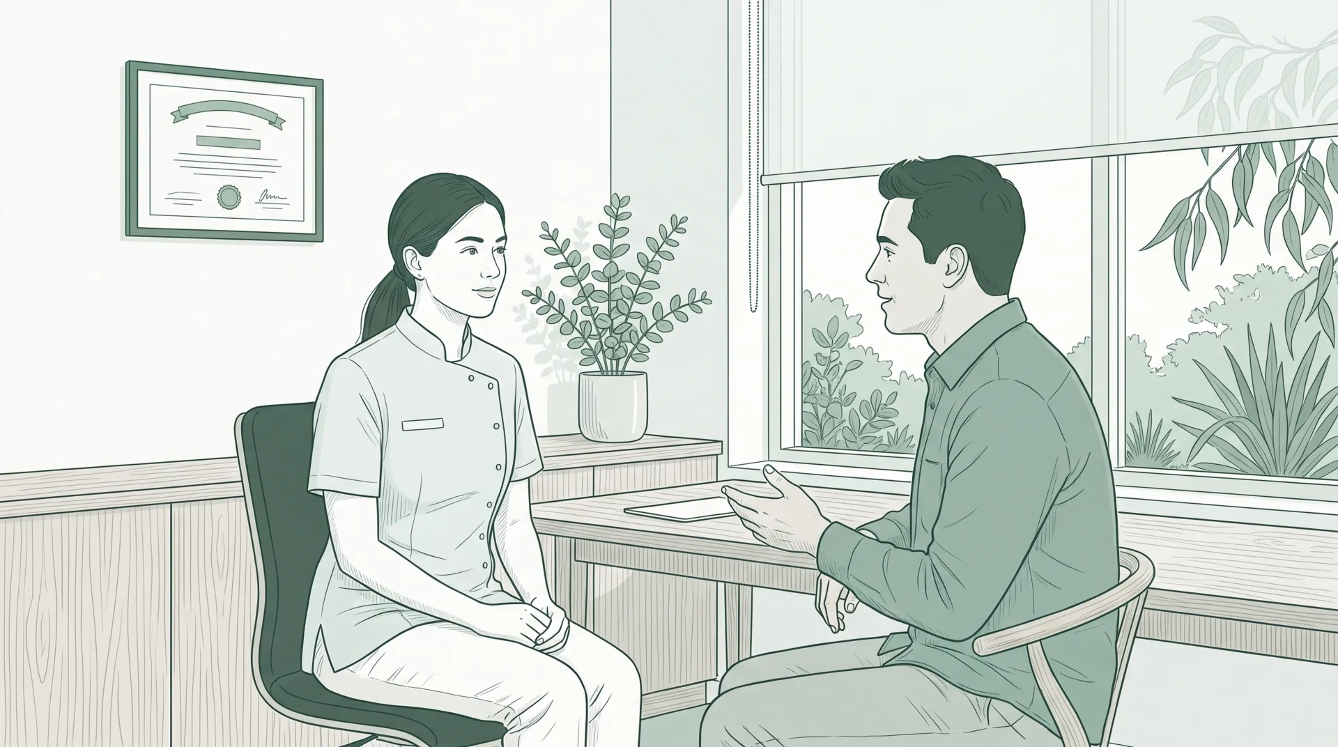 A dentist in a clean clinical tunic listens attentively to an adult patient during a calm consultation in an Australian dental consulting room.