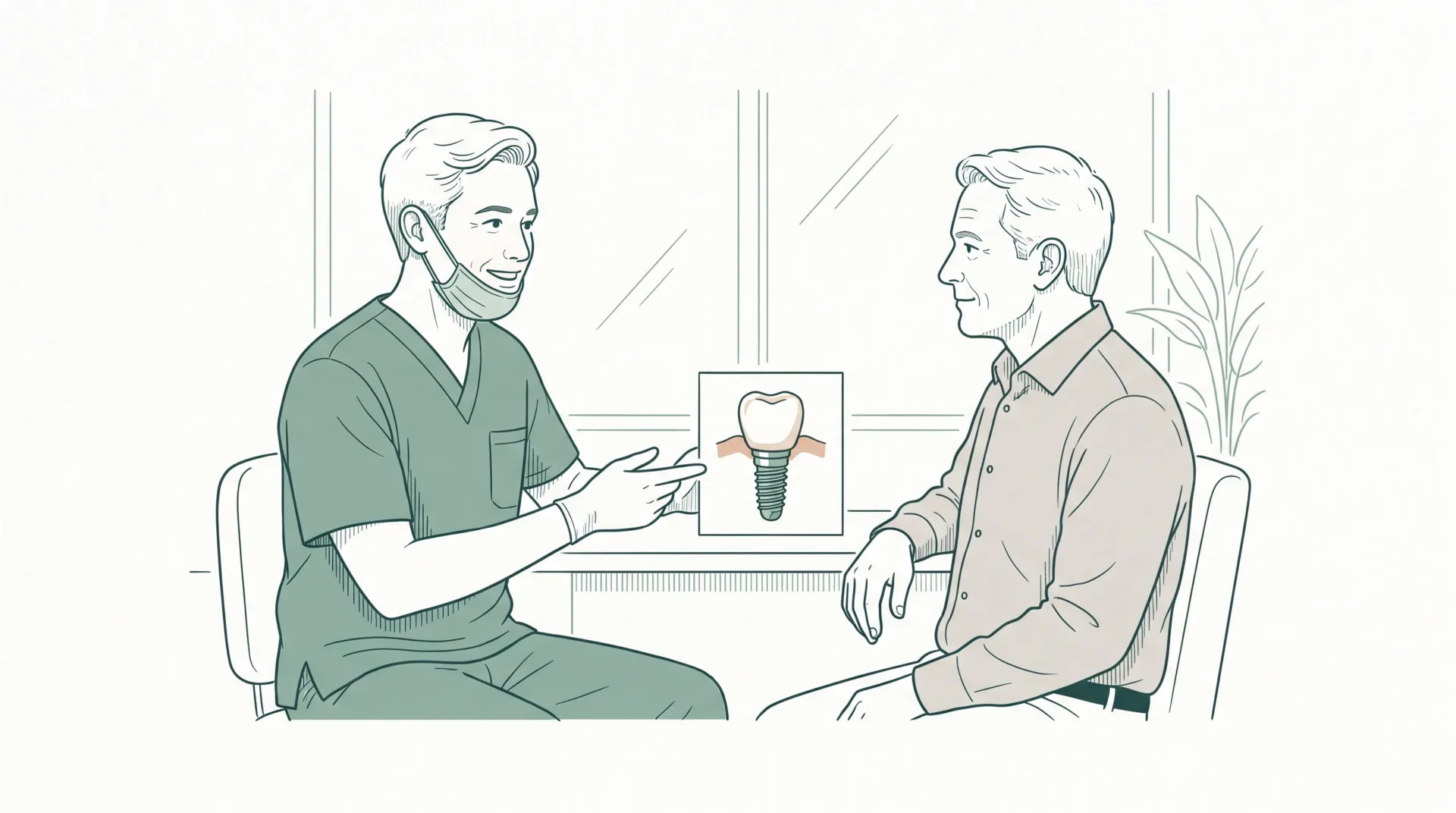 A dentist in clinical attire speaks with an adult patient beside a small implant crown and fixture inset.